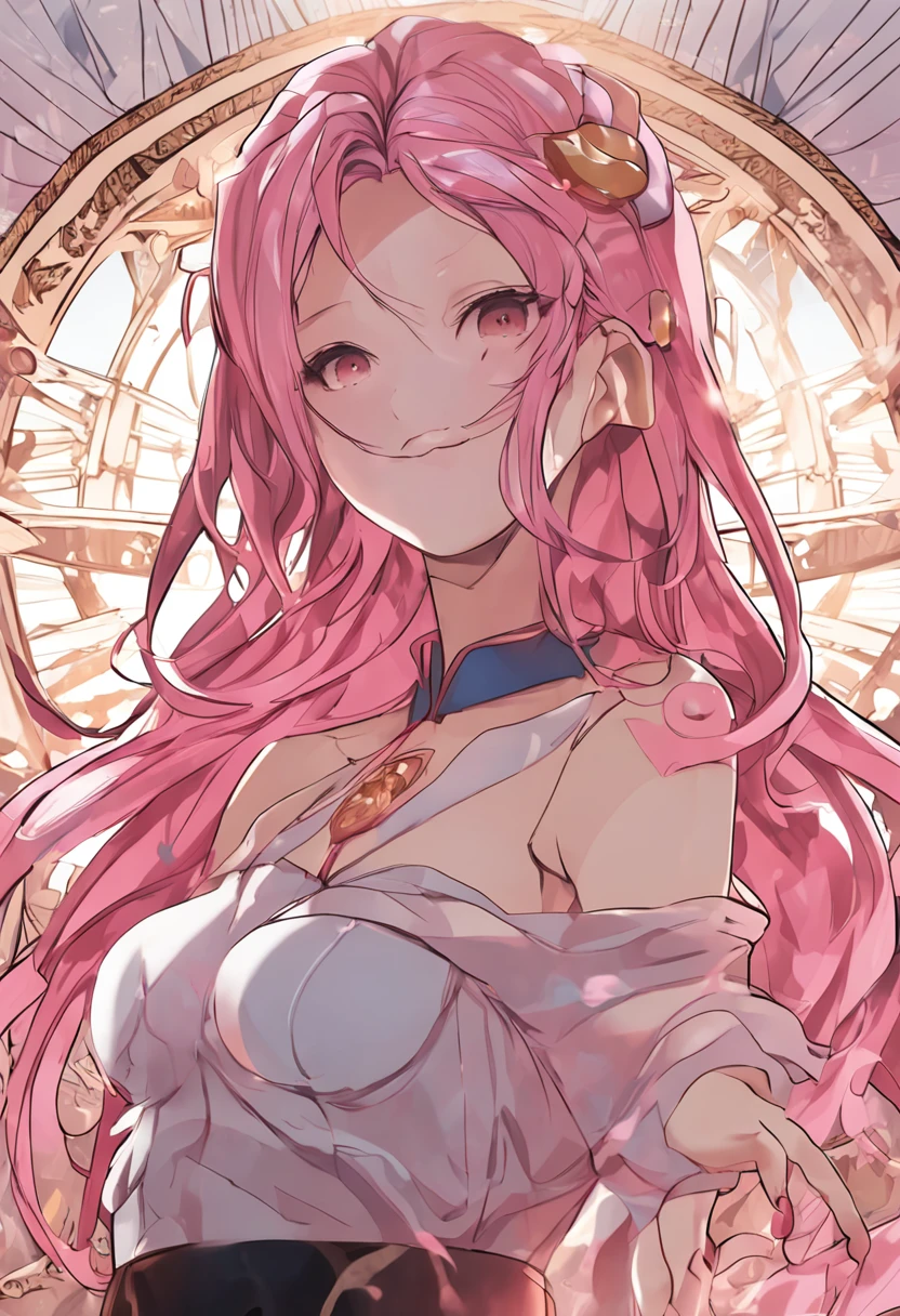 (masterpiece, 4K, Best Quality, Anime style: 1.9, bold drawing lines, High color saturation, Detailed face, tall, Adult Woman, lovely, (cloud background), Drawing lines, high resolution, Anime, lacus4), 1girl in, Solo, curvy figure, Long hair, 鎖骨, scapular, Wavy Hair, Detailed wide hair bangs, Hair Ornament, Detailed reddish-pink hair, cleavage, large hands, Big blue eyes, Smile, closed mouth, Very happy, ((closed fists)), (laughing, open mouth), ((medium breasts)), ((pink strapless wrestling attire), (pink wrestling long boots), bare thighs, strong arms, biceps, rib lines, ((lean forward)), legs, standing, (hands on hips), happy, bare shoulders, (navel, belly button, bare thighs, exposed navel, groin)