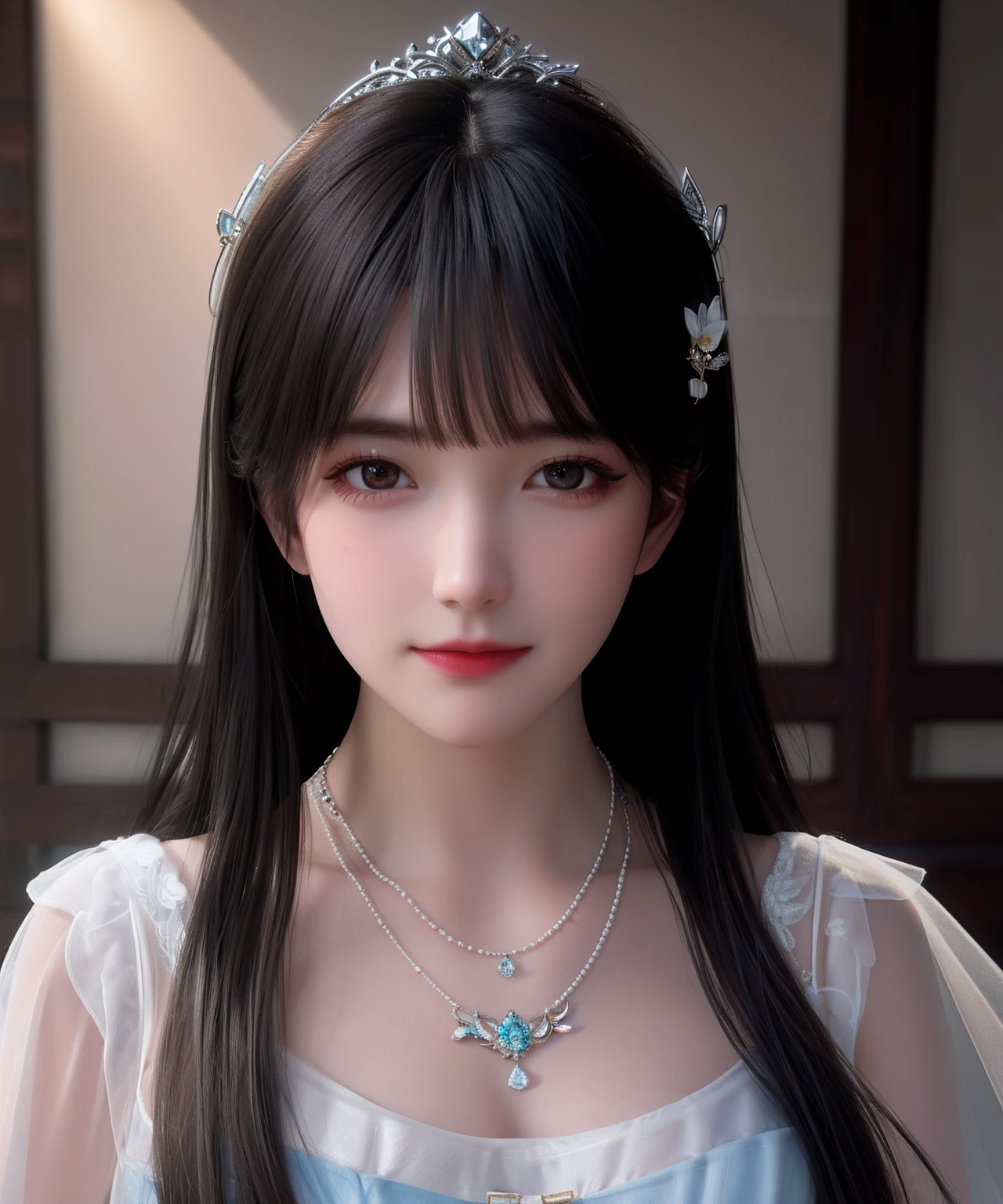 Best quality、tmasterpiece、A high resolution、1girl、perfect body figure :1.4,Delicate collarbones,beautiful make up,Exquisite and perfect facial features,white dresses、Bandeau Dress、Sheer silk porcelain dress、(middlebreast:1.1)、hair adornments、looking at viewert、ssmile、二重まぶた、Shut your mouth、cparted lips、shift dresses、choker necklace、jewely、Long flowing hair、耳Nipple Ring、pretty face、on the body、Tindal effect、hentail realism、Tyndall effect,Photorealistic, rim lit, twotonelighting,edge lit,(highdetailskin:1.2)、8k UHD、DSLR、high high quality,Volumetriclighting,DSLR camera high quality wallpapers、A high resolution