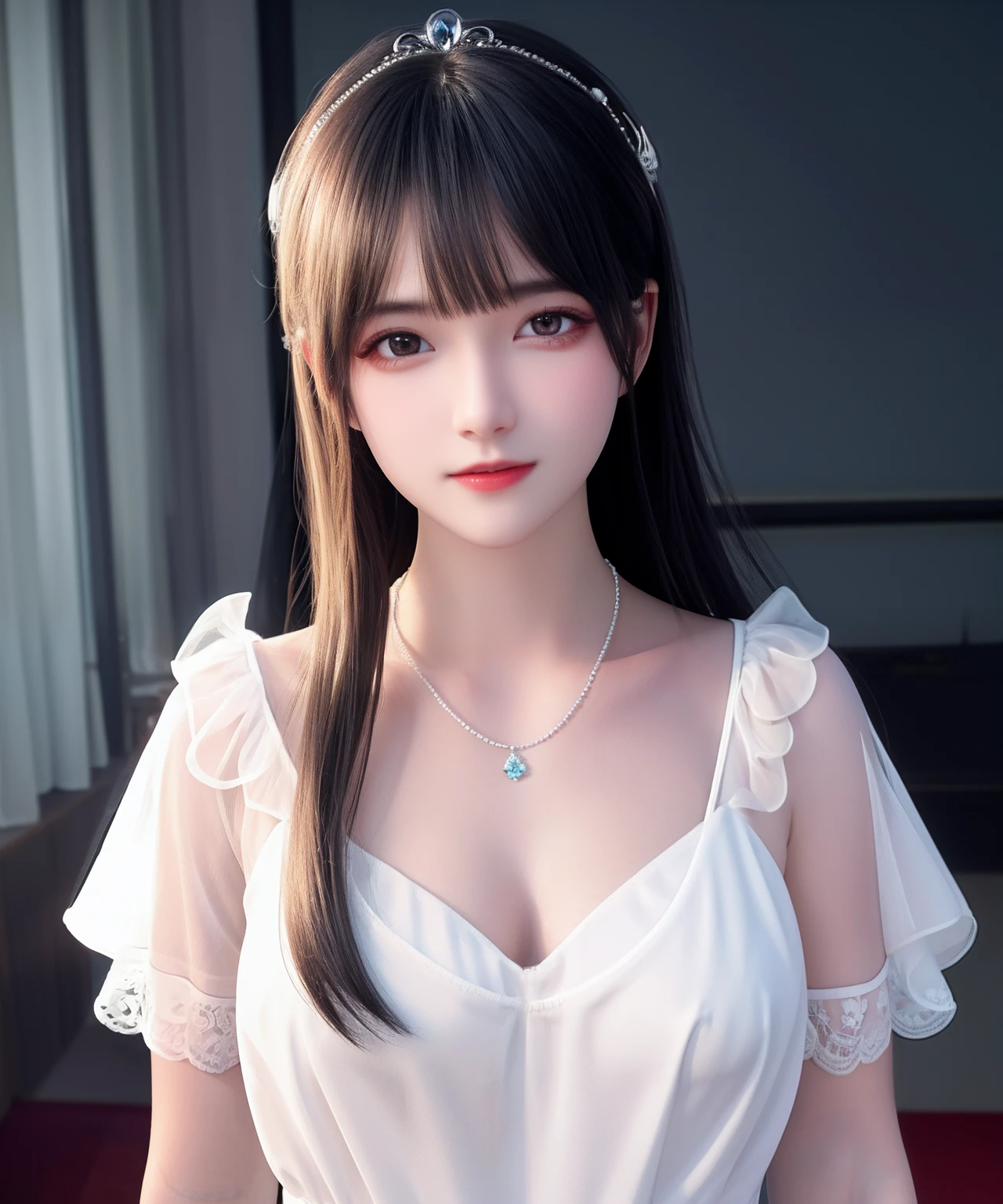 Best quality, masterpiece, high resolution, 1girl, porcelain dress, hair accessories, necklace, jewelry, beautiful face, on the body, Tyndall effect, realistic, dark studio, edge lighting, two-tone lighting, (high detail skin: 1.2), 8k UHD, dslr, soft light, high quality, volumetric light, candid, photo, high resolution, 4k, 8k, background blur,
