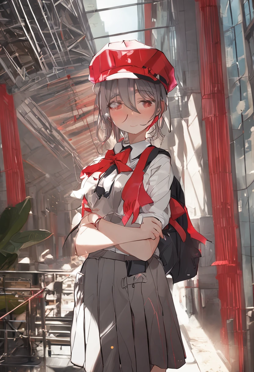 schoolgirls，Red cap，Pale yellow uniform，White pleated skirt，blackstockings