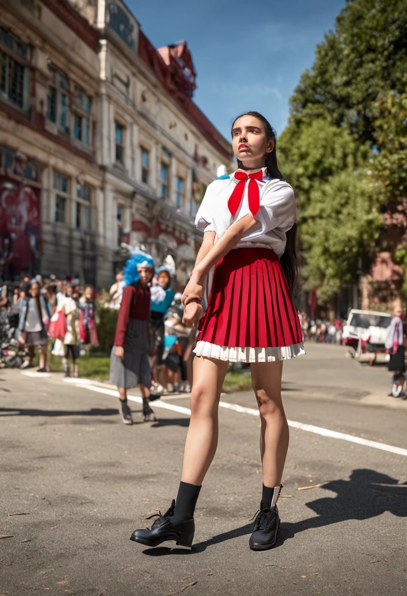 schoolgirls，Red cap，Pale yellow uniform，White pleated skirt，blackstockings