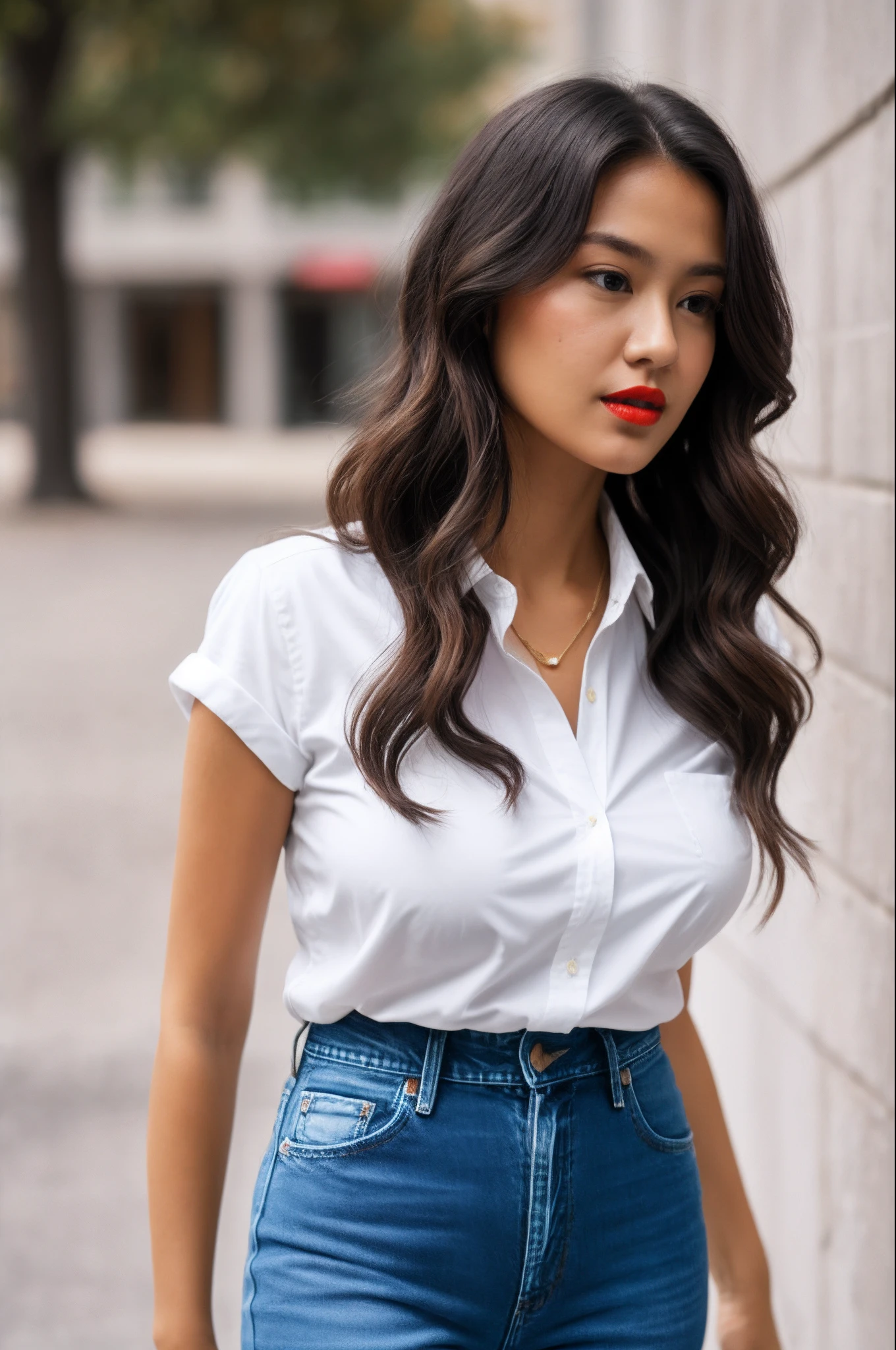 Long hair,Goose egg face,White shirt,Black slim-fit jeans,Big breasts do not show milk,Red lips