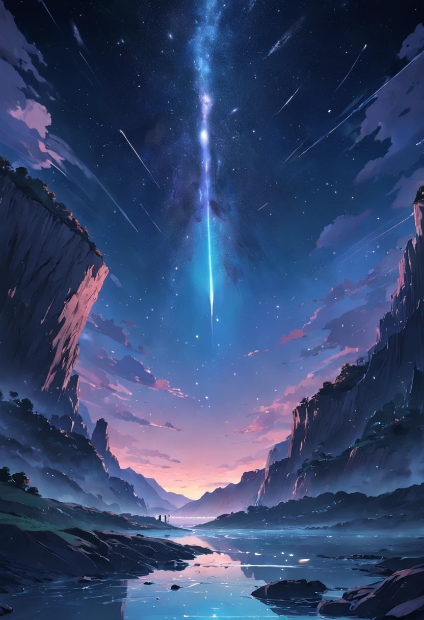 Un paysage incroyable, at night with a beautiful star and a big comet, avec une falaise en premier plan