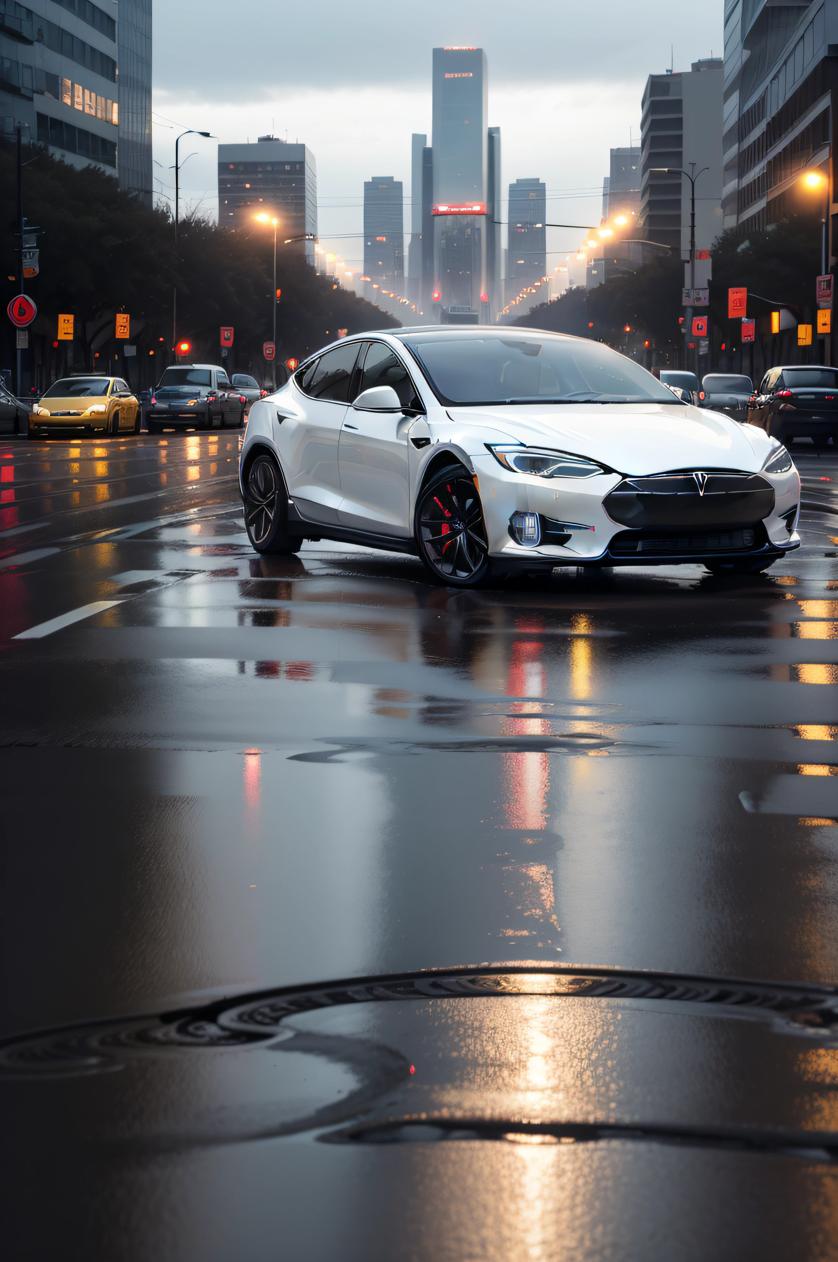 In 2020,A car,White family car,Pure electric vehicles,tesla car,The lights are bright,Urban streets,The roads are wet,Neon reflection,nighttime scene,Tall building background,The body is clean and bright,4k画质,Movie lighting,Focus Sharp,unclear,Pubic area is clear,realisticlying