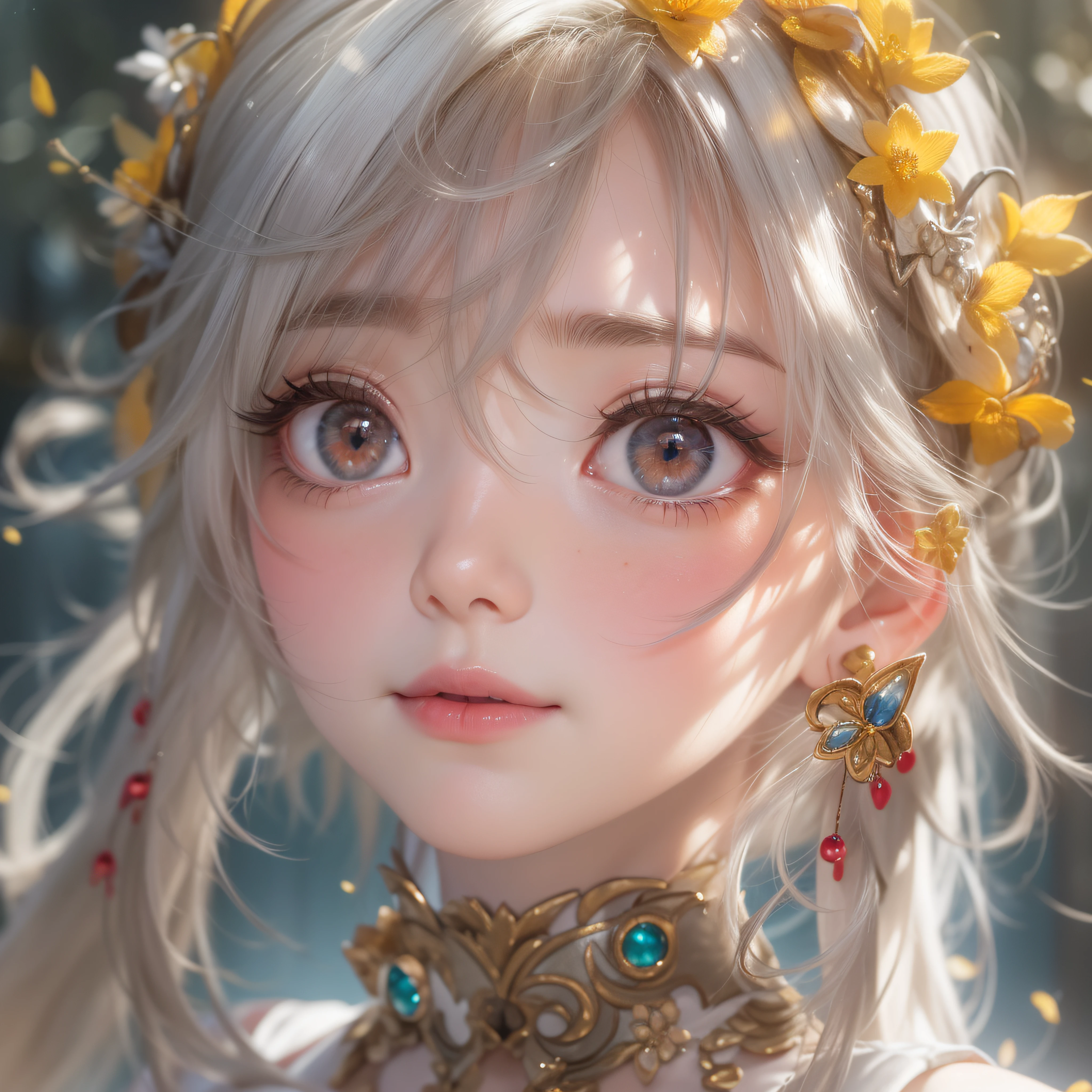 Close up of smiling looking up、Close up of smiling looking up、Close up of smiling looking up、Facing the front、(masterpiece、realisitic、hight resolution)、(1 girl in):1.2)、Do-Up Eye、Korean Girl、(Best Quality), (masutepiece), (1girl in), Solo, Beautiful Girl, Perfect face, Big Breast,dreamlikeart、Highly detailed airbrush art(((Surreal))、intricate detailes、Volumetric lighting、(masterpiece:1.2)、(top-quality)、The ultra-detailliert、(The composition of the movement:1.4)、Highly detailed colorful details、(Bright lighting、Atmospheric lighting)、Magical、dynamic compositions、Ray traching、The mirror reflects light、Shallow depth of field、ultra-detailliert、mixing exposure、nffsw、Super masterpiece、Her eyes are glowing red、Silvery hair、Her face is full of anticipation and courage for adventure.、A smile comes to her lips、An air full of smiles and adventurous spirit、At the rear、The sun is slowly tilting to the west。Its light brings golden light、The swaying flower field creates a beautiful scenery..。Her courage and determination are condensed.、Eye-catching presence。Her eyes are shining。