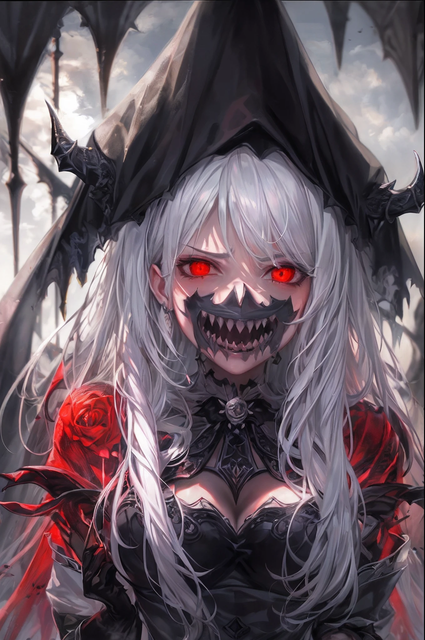 ((The devil with a white letter in one hand))、angry expressions、(comical,hight resolution,super-fine),(Vampires),(((Red glowing eyes)))Look into the camera,Evil look,Clear facial features,long,Exposed vampire fangs,Dressed in a gorgeous gothic dress,Silvery hair,rosette,Skull decoration,the bats,The body is shrouded in red mist,rays of moonlight,Temperament of the king,Cinematic Rim Light,Light is delicate,tmasterpiece,ultra - detailed,epic composition,Super HD,high quarity,top-quality,32K