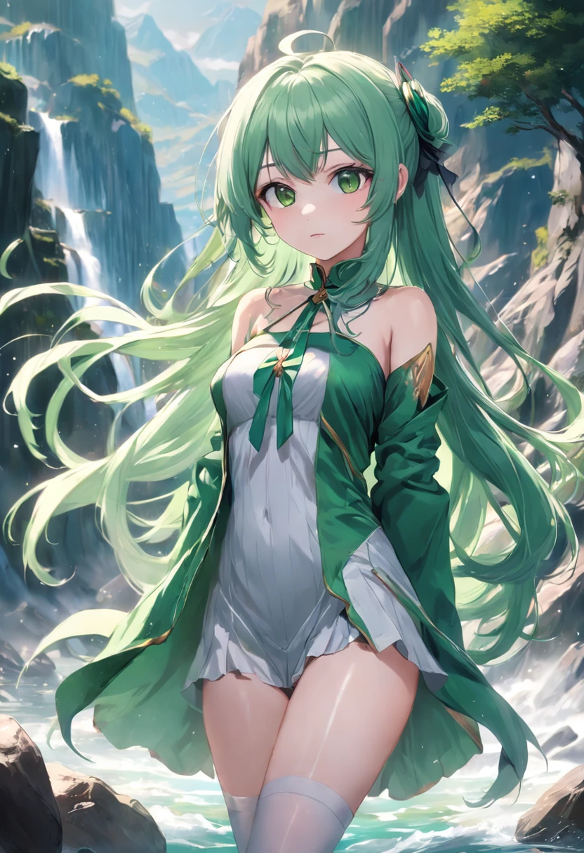 A woman wearing a green dress with classical Chinese aesthetics, dark green hair, long hair, a talisman on her head, green eyes, big breasts, smiling, walking on a hill in Chinese aesthetics, blue sky with clouds,UHD , work- prime, precise, anatomically correct, textured skin, super details, high quality, best quality, 8k, high resolution, bokeh effect. (woman alone)

