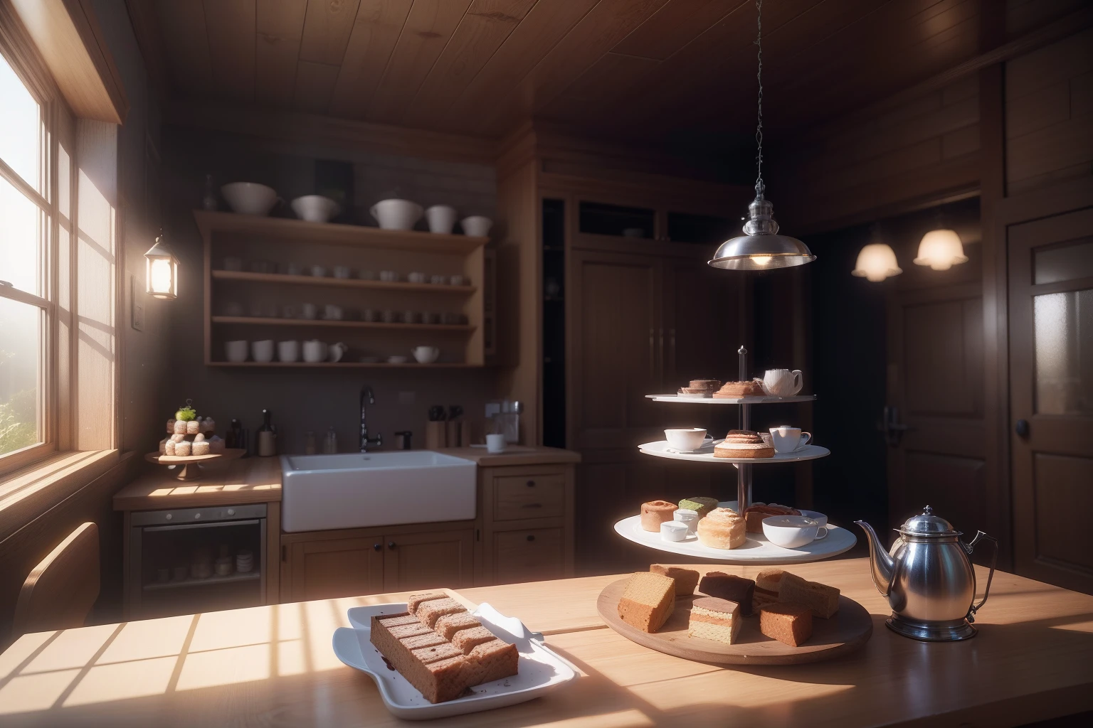 cafe shop,cake shop,The maid brought the kettle, HDR(HighDynamicRange), Ray traching, NVIDIA RTX, Hyper-Resolution, Unreal 5, sub surface scattering, PBR textures, post-proces, Anisotropic filtering, depth of fields ,Maximum clarity and sharpness, Many-Layer Textures、Albedo e mapas Speculares、Surface Coloring、Accurate simulation of light-material interactions、rendering by octane、twotonelighting、Low ISO、White balance、trichotomy、largeaperture、8K RAW、High-Efficiency Sub-Pixel、sub-pixel convolution、(Luminous Particle:1.4)、{{tmasterpiece、best qualtiy、Extremely detailed CG、Unity 8k Wallpapers、3D、cinmatic lighting、lens flare glow}},