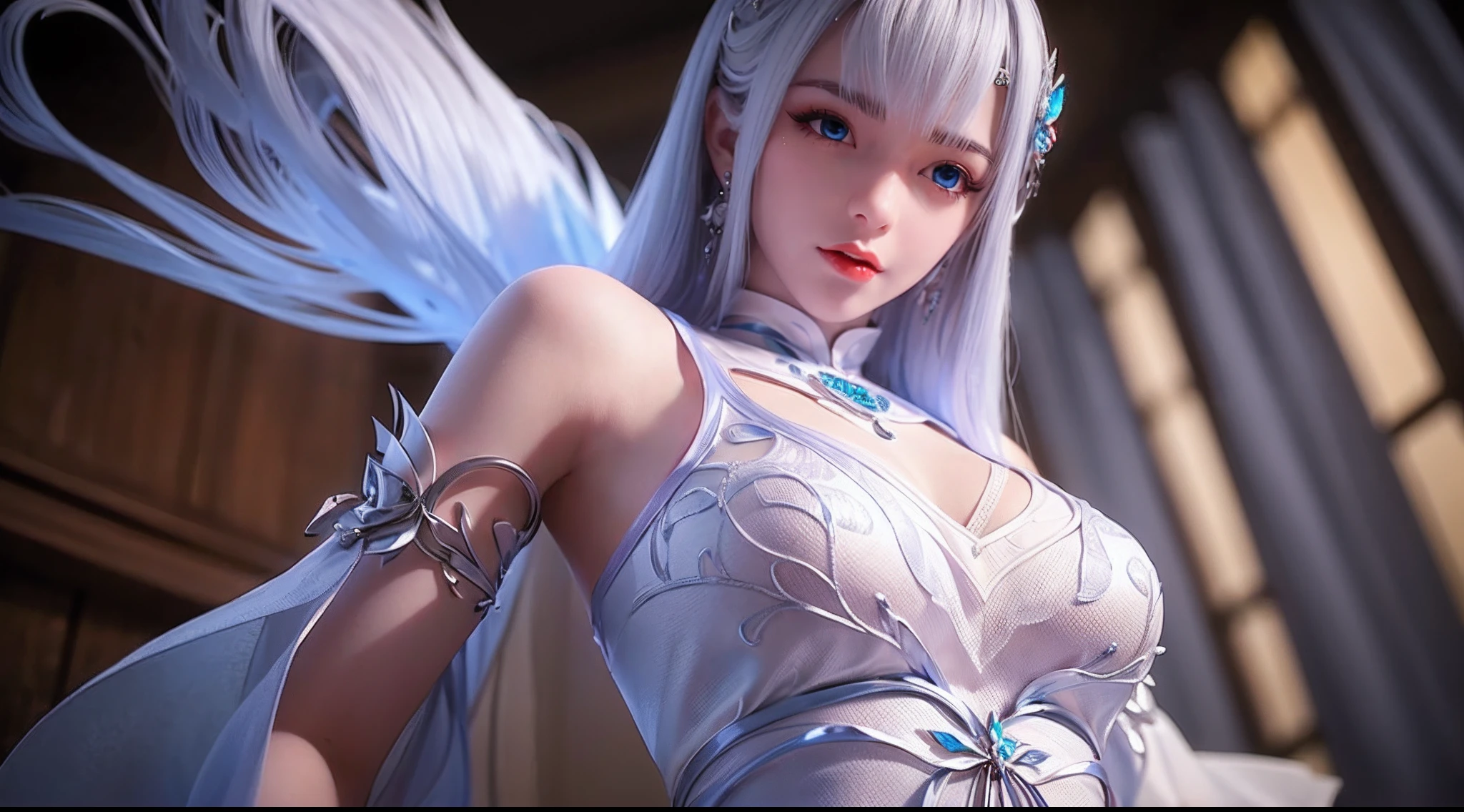"1 beautiful girl wearing a traditional costume, a long thin light blue dress made of meticulously made silk, deep slit shirt, long hair and silver bangs with a hint of light blue, the most beautiful and detailed hair jewelry, beautiful little face thin eyebrows, the most beautiful and spotless face, ((black iris:0.8)), the very beautiful eyes, big round eyes, ((purple color eyes:1.1)), fine and detailed makeup eyelashes, high nose, wearing earrings, small red lips, rosy face, clean face, beautiful face without blemish, smooth white skin, ((big breasts: 0.9)), Blums boobs, ((big and super round breasts:0.9)), ((super tight breasts:1.2)), ((breast augmentation: 0.8)), beautiful breasts, slim and petite body, ((thin waist: 0.9)), upper body of a beautiful girl, sexy girl, skirt, 8k photo, super high quality, super realistic, 10x super pixels, photo realistic, dark studio, border light, two tone light, (detailed skin high: 1.2), 8k uhd, dslr, soft light, high quality, volumetric light, candid, Photo, high resolution, light, best photo, 4k quality, 8k, Bokeh, Smooth and sharp, pixel up 10 times, (background space: 1.8), (galaxy: 1.7), aurora, lightning, super graphics, the most realistic graphics,(Aurora Background: 1.8), alone, solo, portrait 9:16, Extremely sharp, super realistic images."
