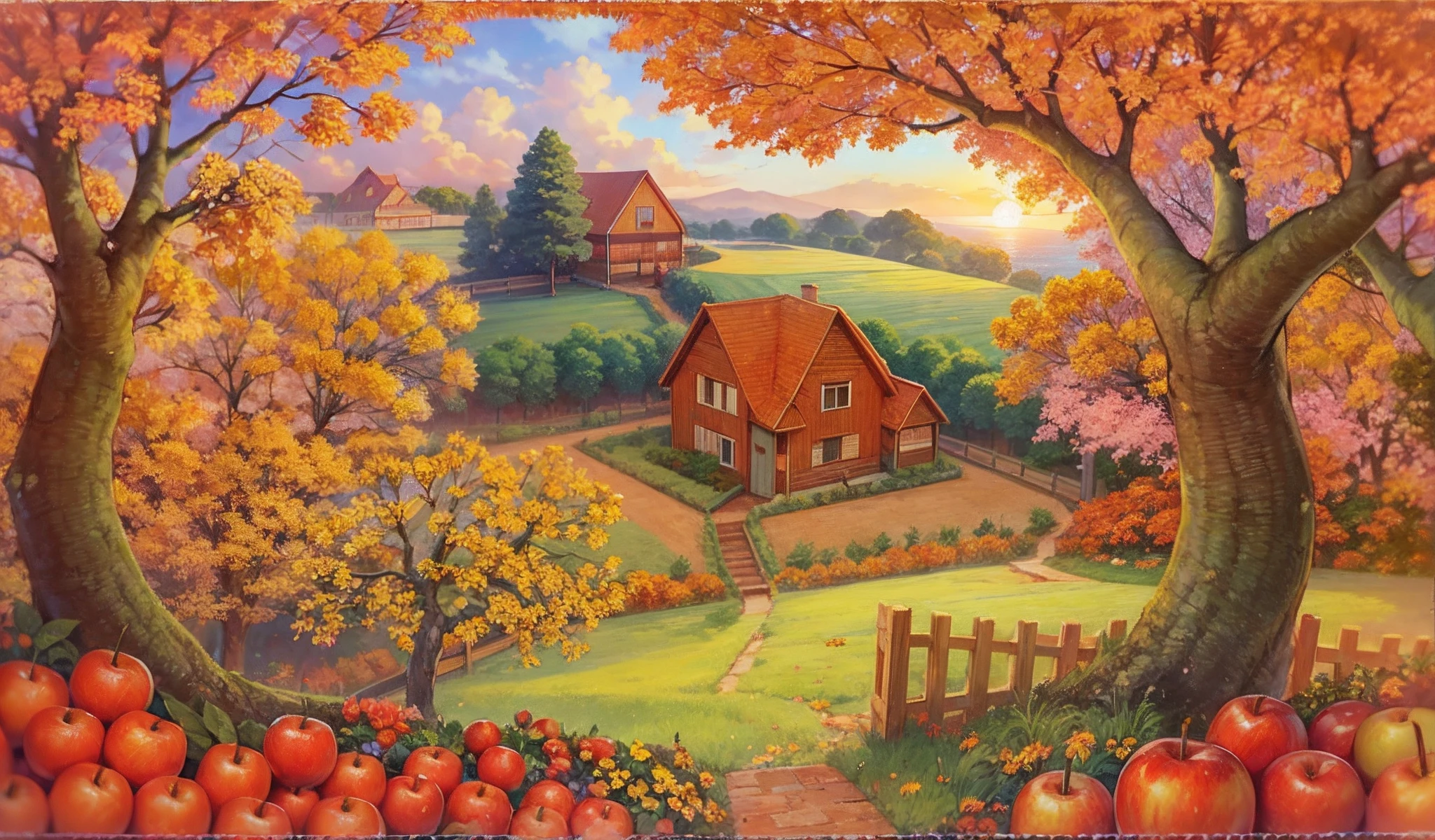 autumnal，Faraway view，fairy tale style，A red apple is the house，The surrounding ground is covered with fruits of various colors，The saturation is higher，the setting sun，Clouds