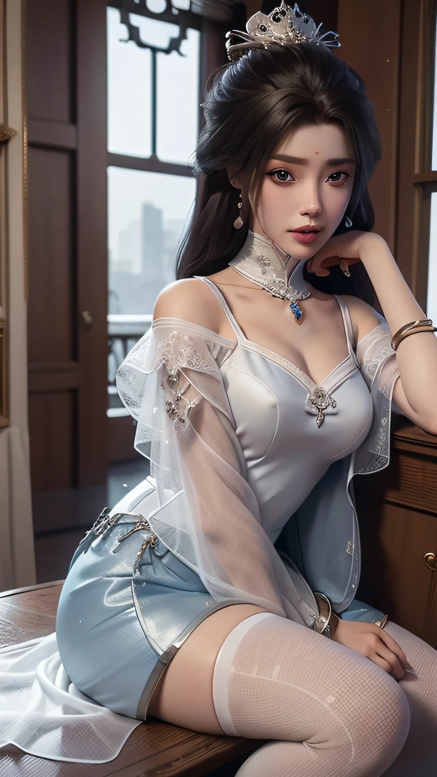 Arad woman in blue dress sitting on windowsill, cute anime waifu in a nice dress, trending on cgstation, 8K high quality detailed art, anime barbie in white stockings, highly detailed exquisite fanart, Extremely detailed Artgerm, the anime girl is crouching, flowing magical robe, beautiful and seductive anime woman, WLOP and Sakimichan