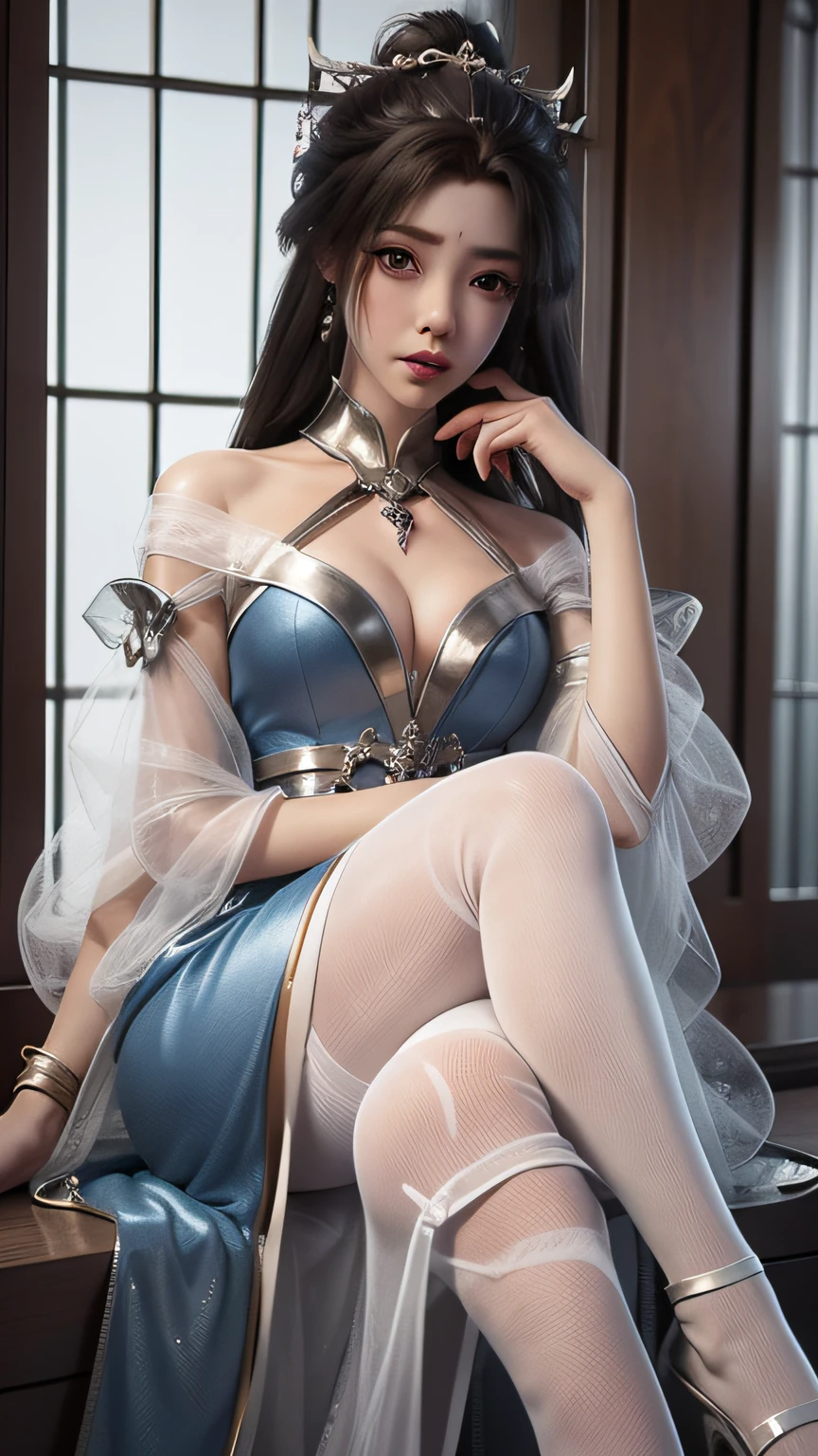 Arad woman in blue dress sitting on windowsill, cute anime waifu in a nice dress, trending on cgstation, 8K high quality detailed art, anime barbie in white stockings, highly detailed exquisite fanart, Extremely detailed Artgerm, the anime girl is crouching, flowing magical robe, beautiful and seductive anime woman, WLOP and Sakimichan