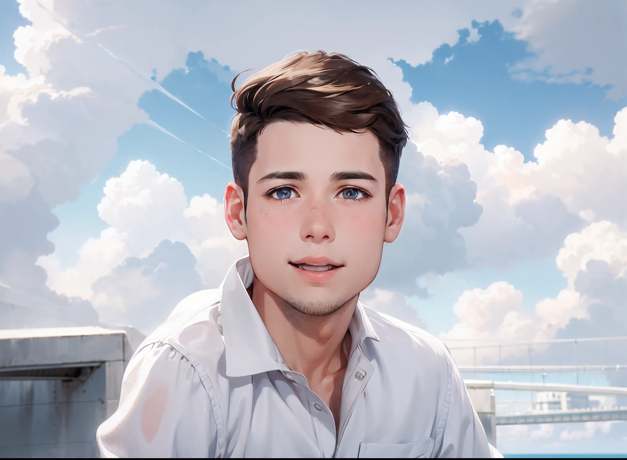 1boy, cute, Solo, sportrait,brown hair, short detailed hair, Brown eyes, Hair between both eyes, Blue sky,The cloudy,white backgrounid,clean backdrop