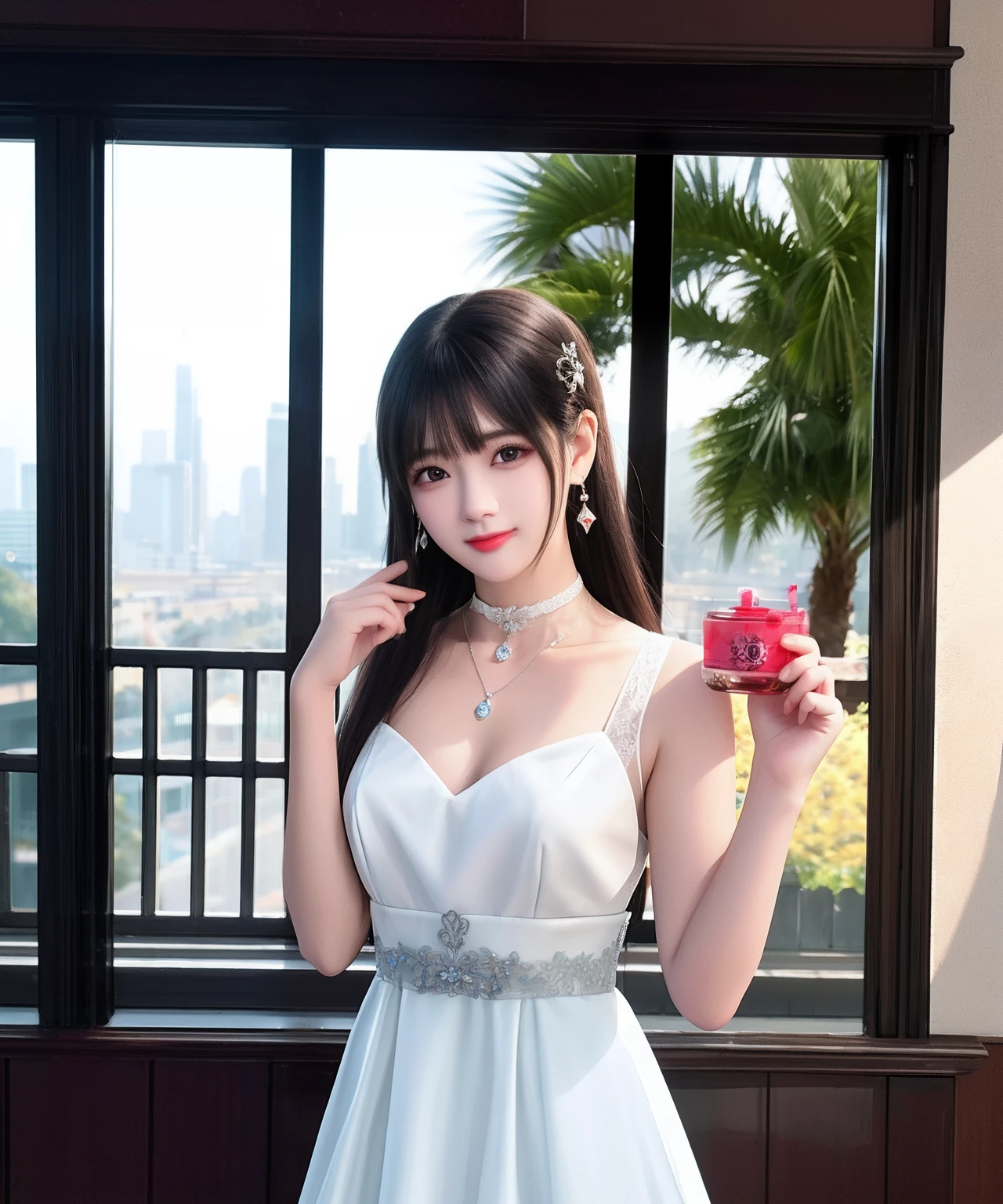 Best quality、tmasterpiece、A high resolution、1girl、Porcelain dress、hair adornments、choker necklace、jewely、pretty  face、Physically、Tyndall effect、realisticlying、Shadow Studio、edge lit、bicolor lighting、（highdetailskin：1.2）、8k UHD、dslr、softlighting、high high quality、volumettic light、sneak shot、photore、A high resolution、4k、8k、The background is blurred out，Balcony background