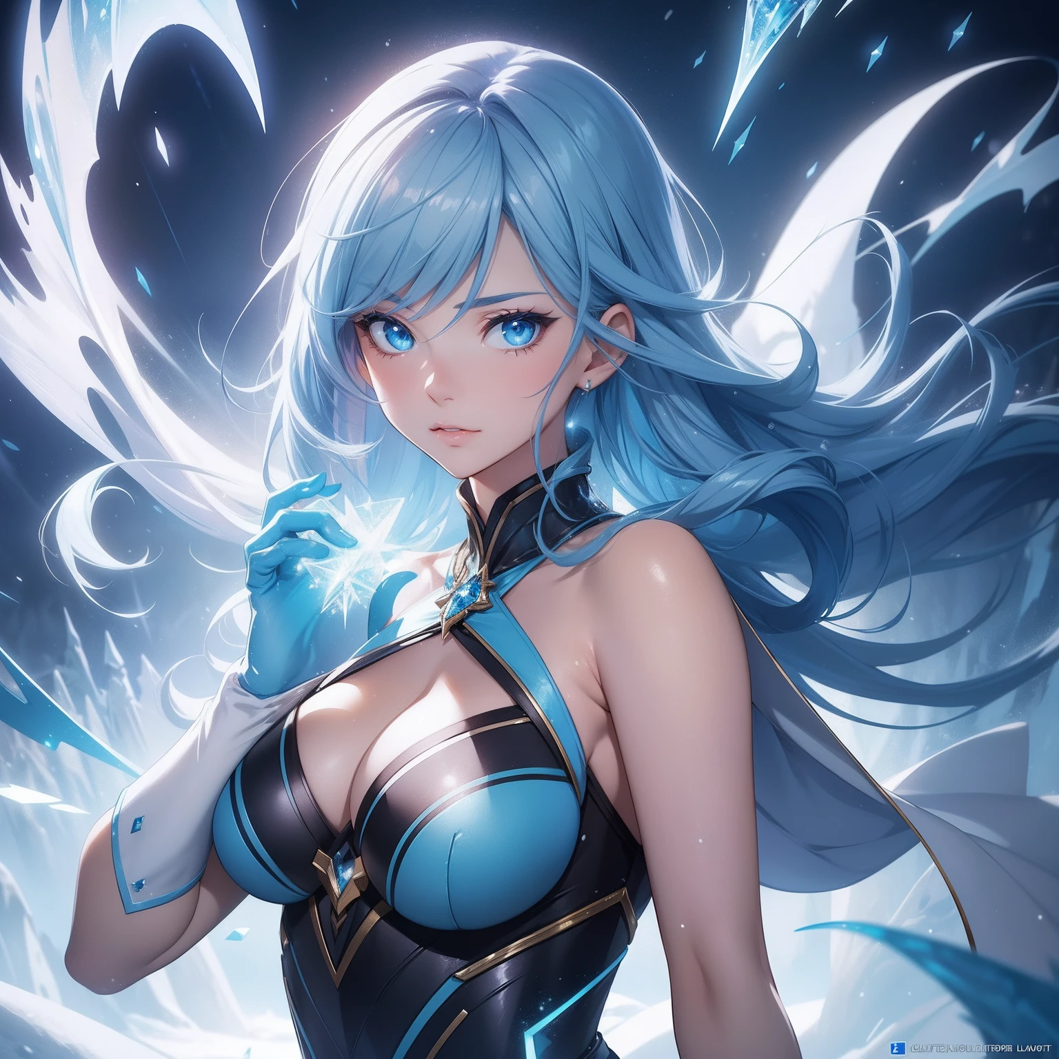 (masterpiece, best quality, photorealistic, cinematic), ((close-up shot)), front behind, standing, anime girl, ice magician, blue hair, perfect hands, nice hands, large cleavage, long round legs, round ass, artgerm and atey ghailan, ice surround her, 2. 5 d cgi anime fantasy artwork, in the art style of mohrbacher, artgerm and rossdraws, wreathed in ice, rossdraws global illumination, (ice spell), (snow spell), ice spike around, floating ice particle on the background, luminous ice balls