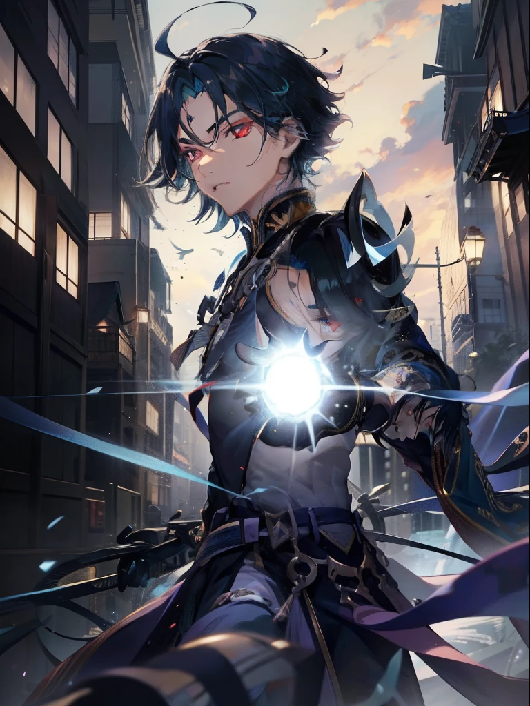 Ultra Detail,Haig Quality,sketch,1boy,matured male,Beautiful face,(Navy blue hair,Outer hair:1.3),Handsome men,Pearl skin,black tshirt,Black coat,magic school uniform,Black cloak,Dynamic Angle,Japan Anime,Red Eyes,Laugh,Like a cat's eye,city,male in his 20s,official artwork,masterpiece