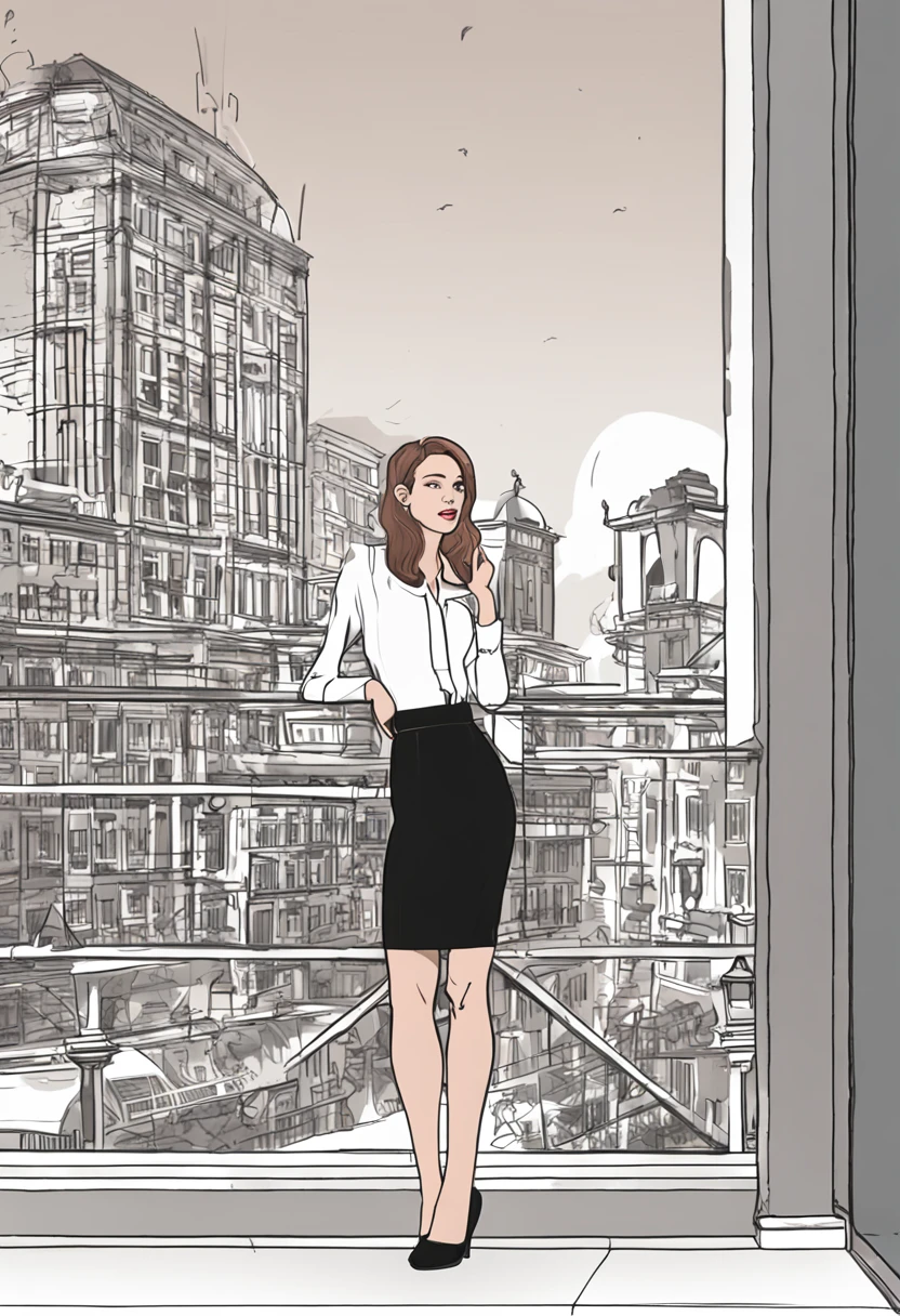 Best quality, Full body portrait, Delicate face, Pretty face,  Slim figure, office lady uniform，office clothes, black pantyhoses, cabelos preto e longos，adolable，ssmile，Long legs，Lie on the table，(The skirt was lifted:1.1)