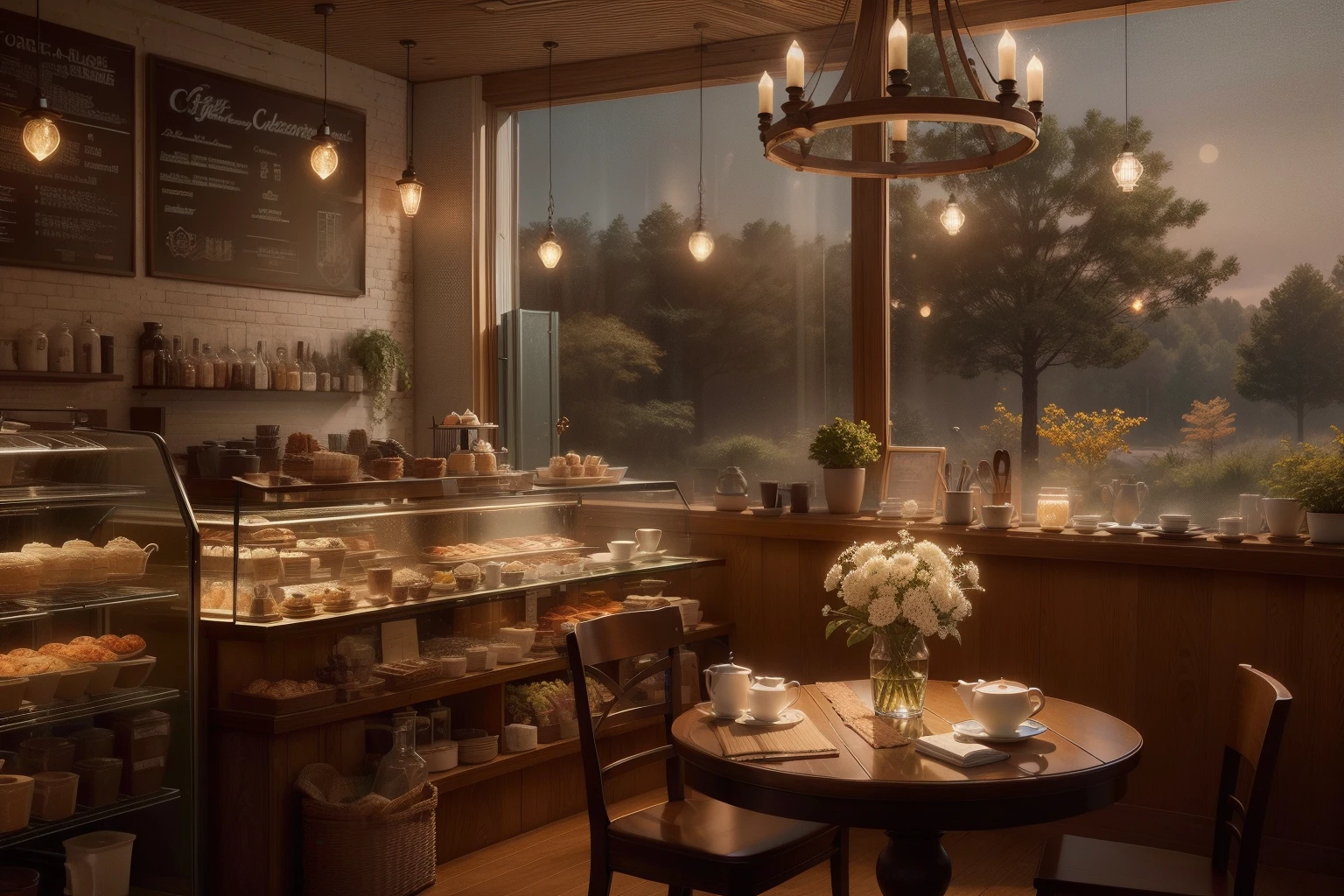 cafe shop，cake shop，The maid brought the kettle， HDR（HighDynamicRange）， Ray traching， NVIDIA RTX， Hyper-Resolution， Unreal 5， sub surface scattering， PBR textures， post-proces， Anisotropic filtering， depth of fields ，Maximum clarity and sharpness， Many-Layer Textures、Albedo e mapas Speculares、Surface Coloring、Accurate simulation of light-material interactions、rendering by octane、twotonelighting、Low ISO、White balance、trichotomy、largeaperture、8K RAW、High-Efficiency Sub-Pixel、sub-pixel convolution、（Luminous Particle：1.4）、{{tmasterpiece、best qualtiy、Extremely detailed CG、Unity 8k Wallpapers、3D、cinmatic lighting、lens flare glow}}，