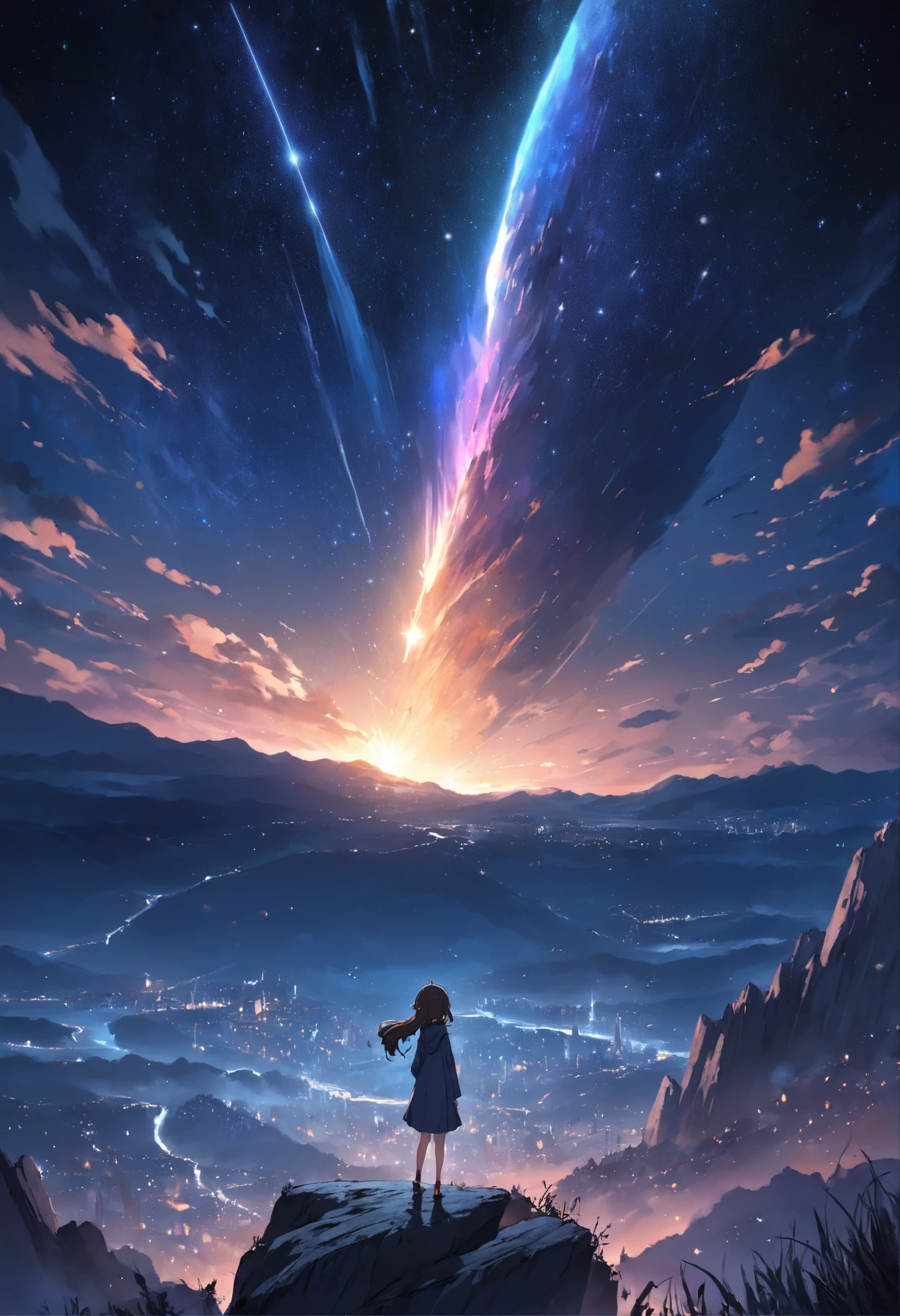Un paysage incroyable, at night with a beautiful star and a big comet, avec une falaise en premier plan