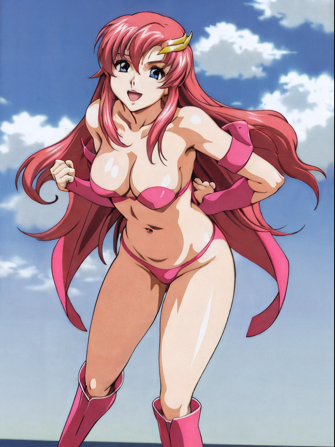 (masterpiece, 4K, Best Quality, Anime style: 1.9, bold drawing lines, High color saturation, Detailed face, tall, Adult Woman, lovely, (cloud background), Drawing lines, high resolution, Anime, lacus4), 1girl in, Solo, curvy figure, Long hair, 鎖骨, scapular, Wavy Hair, Detailed wide hair bangs, Hair Ornament, Detailed reddish-pink hair, cleavage, large hands, Big blue eyes, Smile, closed mouth, Very happy, ((closed fists)), (laughing, open mouth), ((medium breasts)), ((pink strapless wrestling attire), (pink wrestling long boots), bare thighs, strong arms, biceps, rib lines, ((lean forward)), legs, standing, (hands on hips), happy, bare shoulders, (navel, belly button, bare thighs, exposed navel, groin)