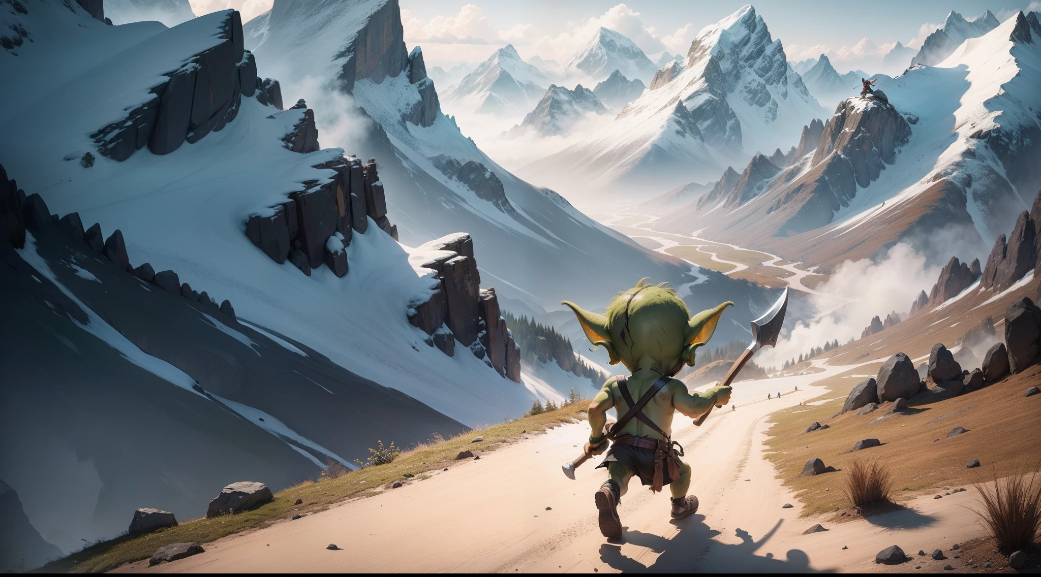 A very small Goblin,Holding an axe in his right hand,Run wildly in the mountains far away。tmasterpiece。best qualtiy。