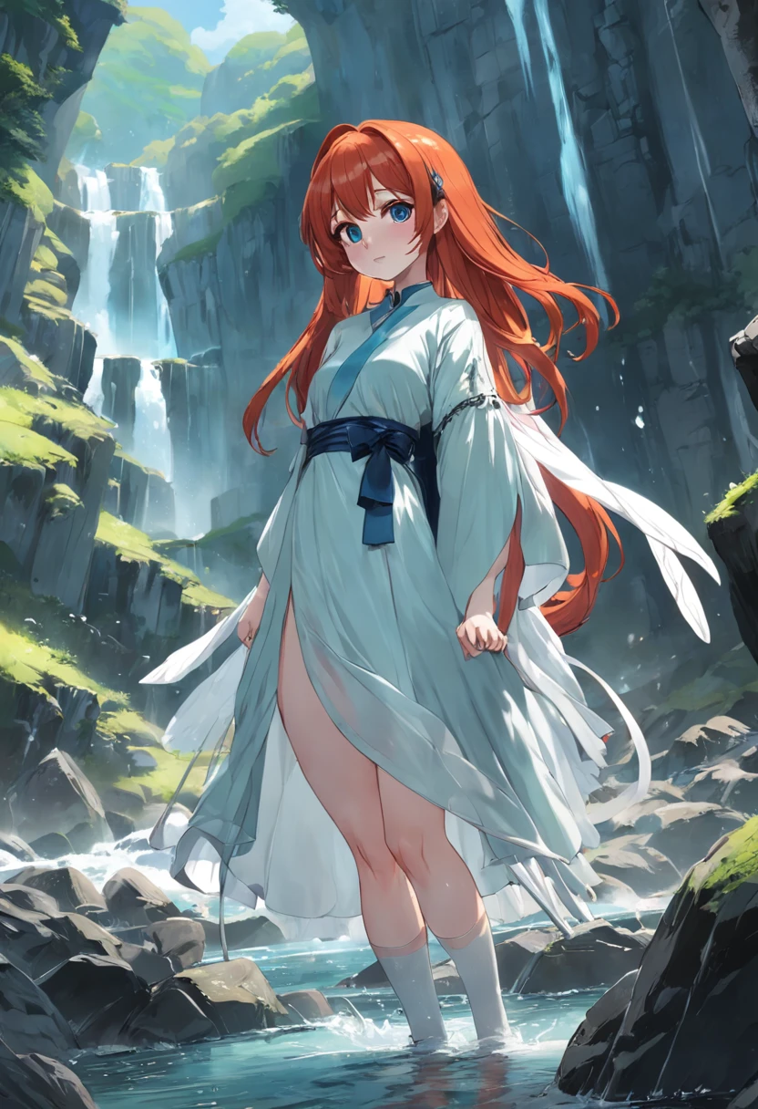 redheadwear,The clothes ar,River fantasy,white stockings,444 Hz, Beautiful, Breathtaking, Highly detailed, 8K, Use, Affectionate, Ultra photo realsisim, scenery