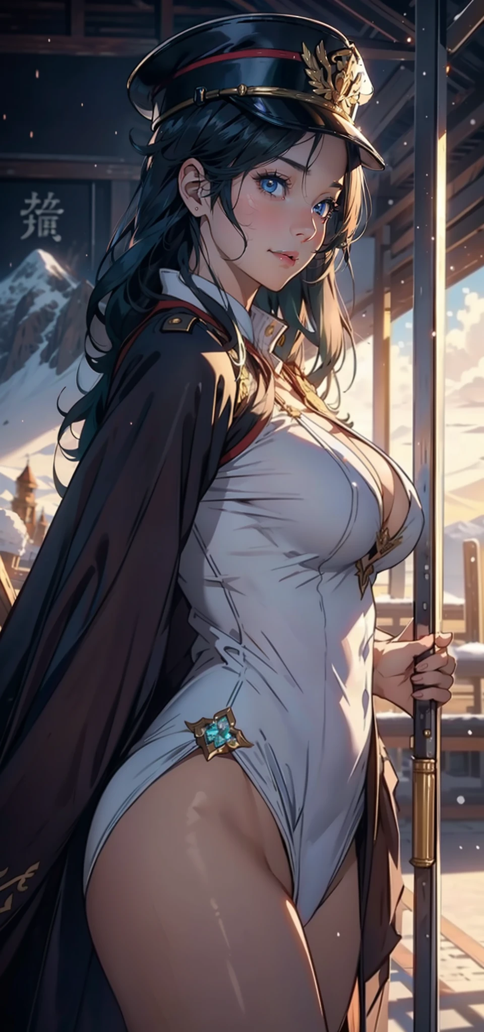 1female,35yo,A MILF,mature,plumw,extremely large bosom, 独奏,(Background with:aerodrome,Planes,snow mountains,at winter season,Snow on the ground,exteriors,) She has long dark green hair,Stand on the plane,,seen from the front, hair straight, mostly cloudy sky,(((tmasterpiece),(Very detailed CG unity 8K wallpaper),best qualtiy,cinmatic lighting,detailed back ground,beatiful detailed eyes,Bright pupils,Blue eyes,(Very fine and beautiful),(Beautiful and detailed eye description),ultra - detailed,tmasterpiece,)),facing at camera,A high resolution,ultra - detailed),revealing breasts,Bare genitalia, Bulge,legs are open,Raised sexy,Camel toes,Flushed complexion,Smile,Desire for dissatisfaction,frontage,Chinese flight attendant,Officer's cap(Wearing:Gold cloak,Transparent flight attendant uniform)