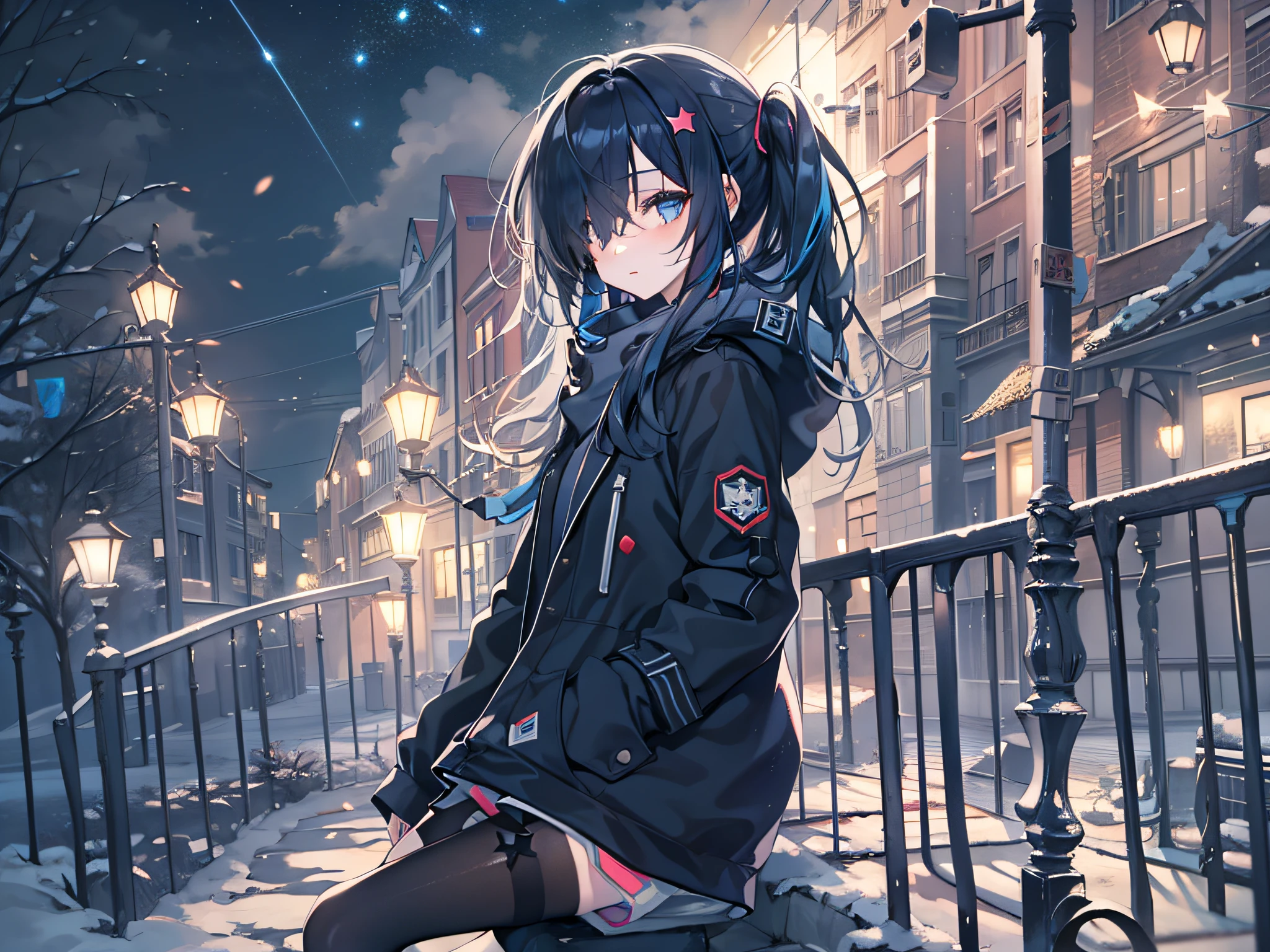 black pantyhoses,teens girl,Starry eyes,Black parka,starrysky,the night,Dark blue hair,side pony tail,long whitr hair,black knee boots,Hair covers one eye,bit girl,waiting to start