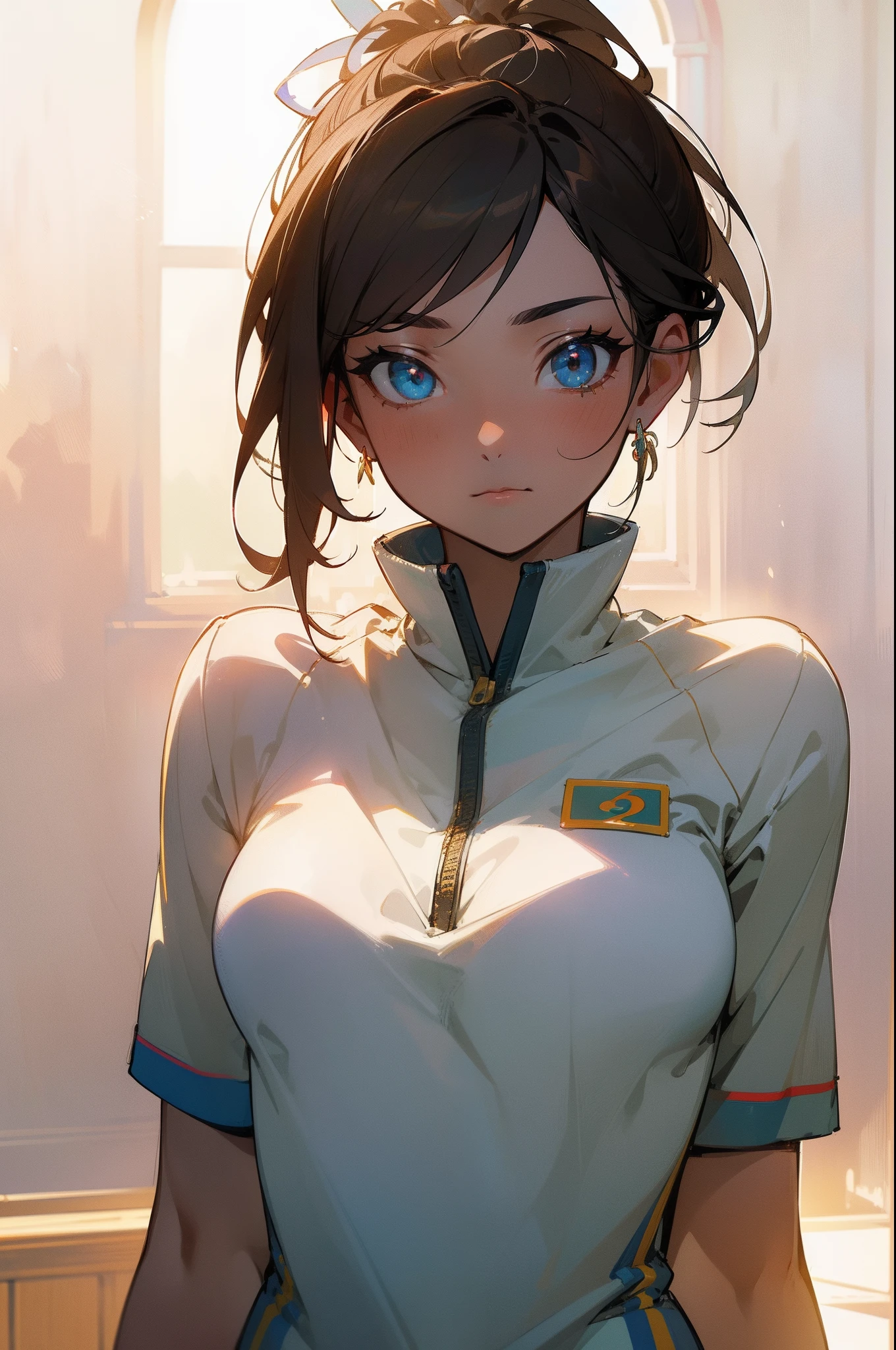 (masterpiece, top quality, highly detailed CG, beautiful exquisite eyes, ultra-fine and intricate details: 1.2), suntan, ponytail,track uniform, rainbow eye,There is a large brightness difference between the eye and the others,There is strong light coming from behind due to backlighting