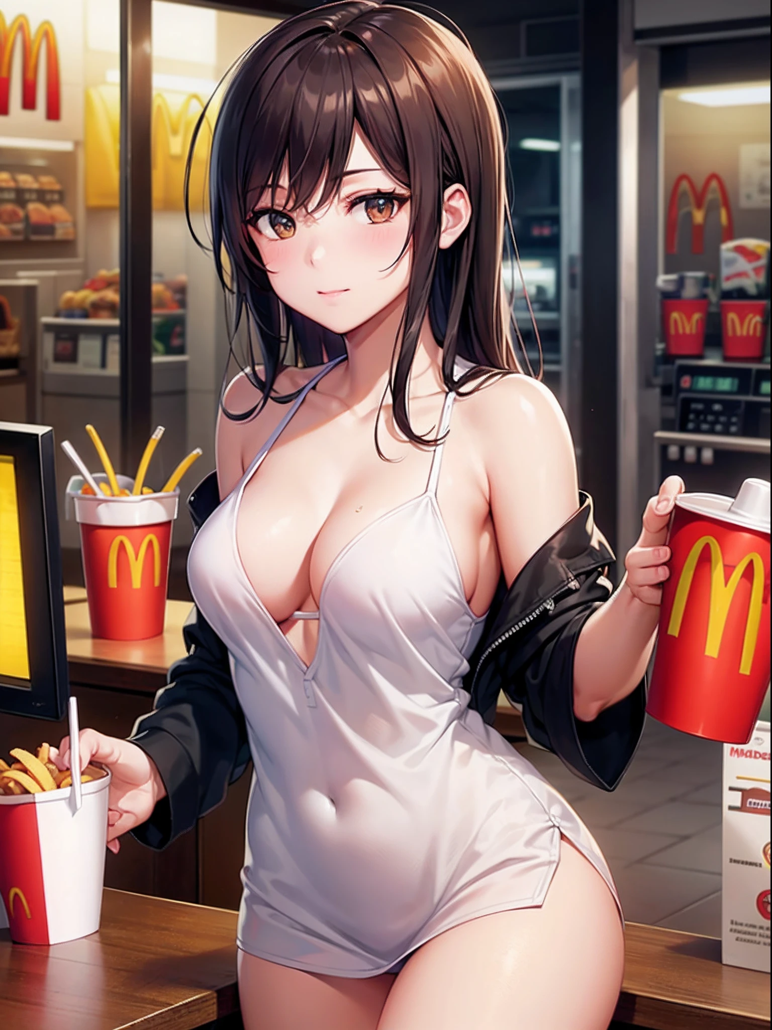 masterpiece, top quality, high resolution, photorealistic, 
cowboy shot, front view,
attractive mature McDonald's Cashier cleavage, mcdonalds, rim lighting, 
1girl, solo, long hair, passionate eyes, medium breasts,
looking at viewer,  
beautiful face, beautiful detailed brown eyes, beautiful body, beautiful chest, beautiful thigh,