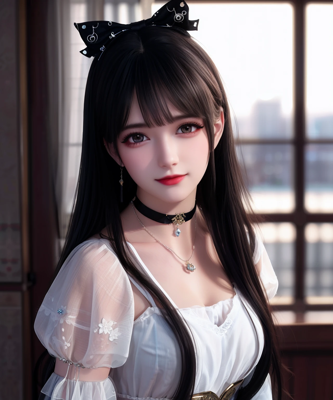 best qualtiy,tmasterpiece,A high resolution,1girl,ta prostitute,hair adornments,choker necklace,jewely,beautiful face,Physically,dingdall effect,realisticlying,dark studio,edge lit,twotonelighting,(highdetailskin:1.2),8k uhd, dslr, softlighting, high high quality, volumettic light, sneak shot, photore, A high resolution, 4k, 8k, Background bokeh,