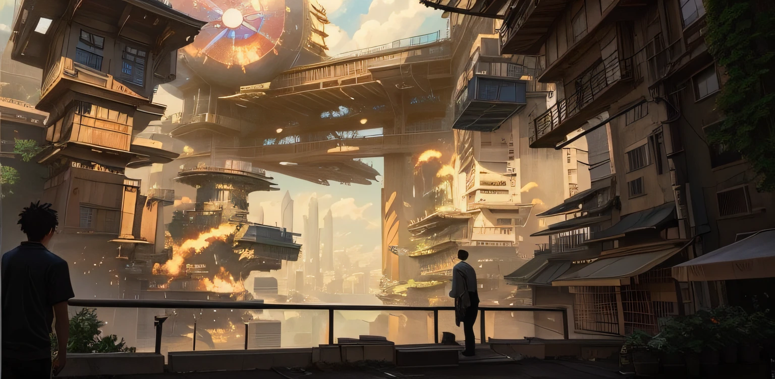 Anime scene of a man standing in a building holding a huge clock, Anime landscape concept art, urban concept art, traditional japanese concept art, anime concept art, makoto shinkai and bioware, future concept art, concept art scene, studio glibly makoto shinkai, Makoto Shinkai's style, beautiful concept art, concept art 2022