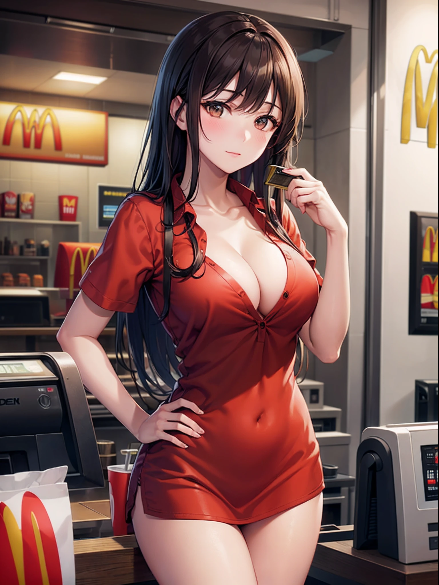 masterpiece, top quality, high resolution, photorealistic, 
cowboy shot, front view,
attractive mature McDonald's Cashier cleavage, mcdonalds, rim lighting, 
1girl, solo, long hair, passionate eyes, medium breasts,
looking at viewer,  
beautiful face, beautiful detailed brown eyes, beautiful body, beautiful chest, beautiful thigh,