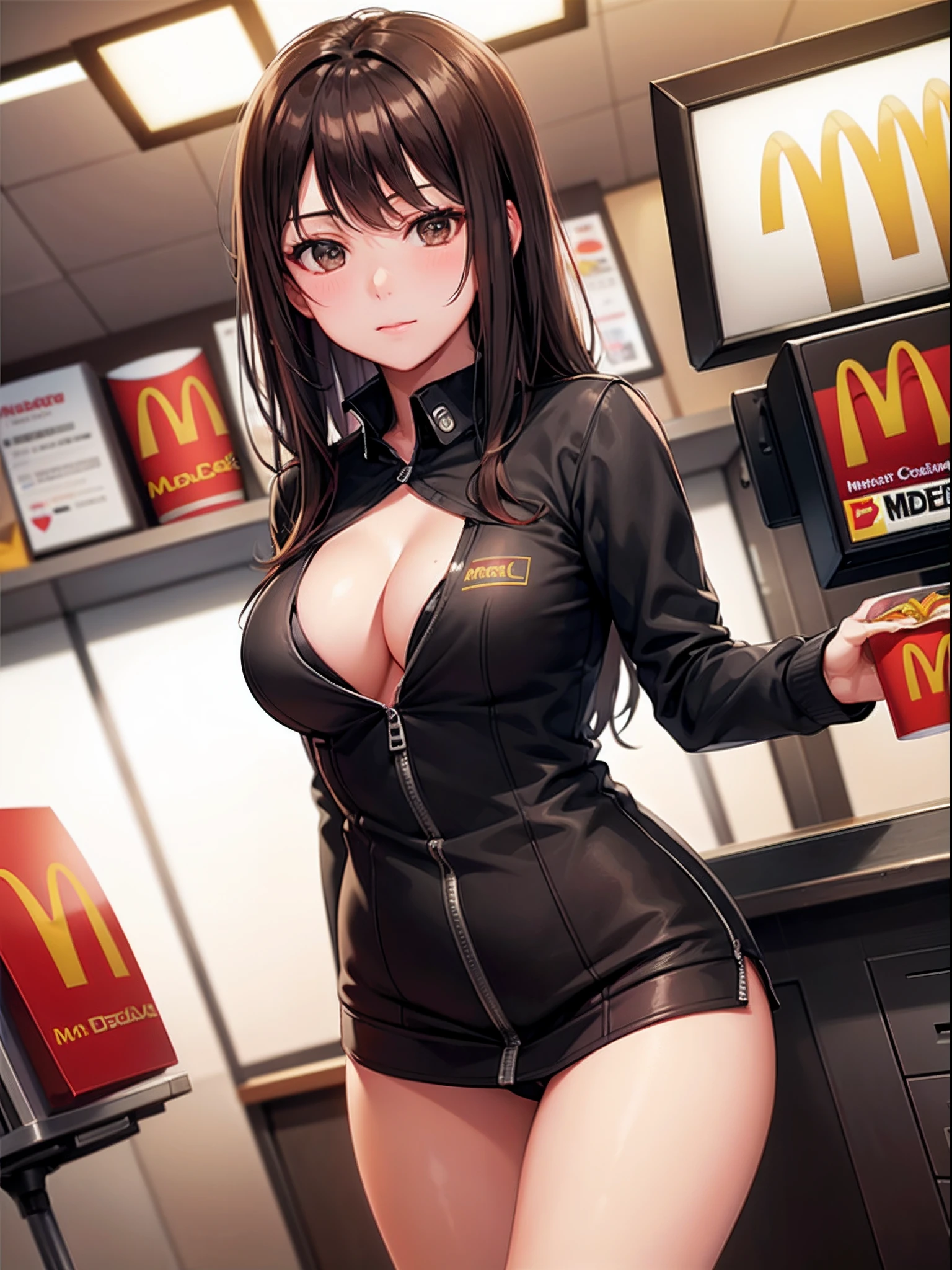 masterpiece, top quality, high resolution, photorealistic, 
cowboy shot, front view,
attractive mature McDonald's Cashier cleavage, mcdonalds, rim lighting, 
1girl, solo, long hair, passionate eyes, medium breasts,
looking at viewer,  
beautiful face, beautiful detailed brown eyes, beautiful body, beautiful chest, beautiful thigh,