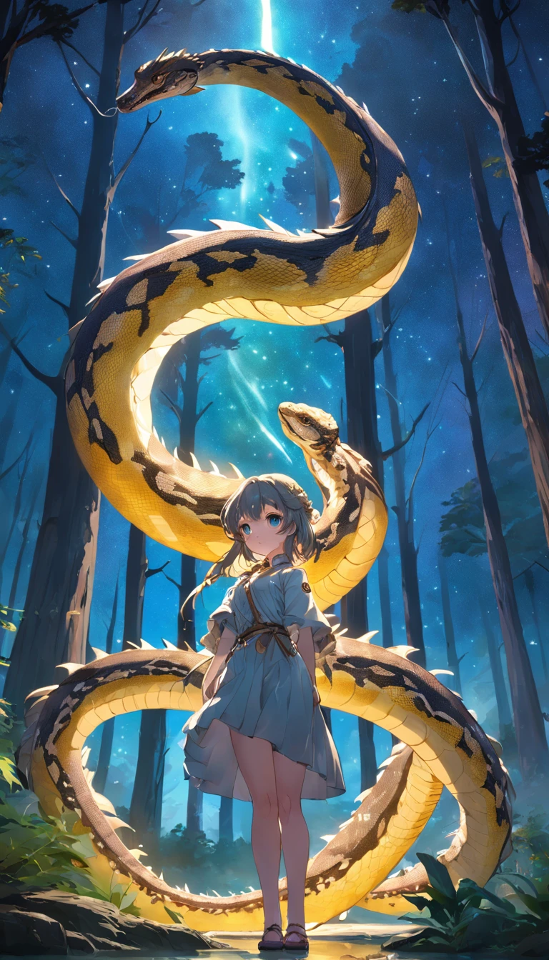 (Forest python:1.5), (extremely detailed CG unity 16k wallpaper:1.1), (Denoising strength: 1.45), (tmasterpiece:1.37), (Full body posing:1.4:), whole-length, Dynamic angle, starry sky, lifelike texture, side lighting, sparkle, glowing light, ray tracing, UHD