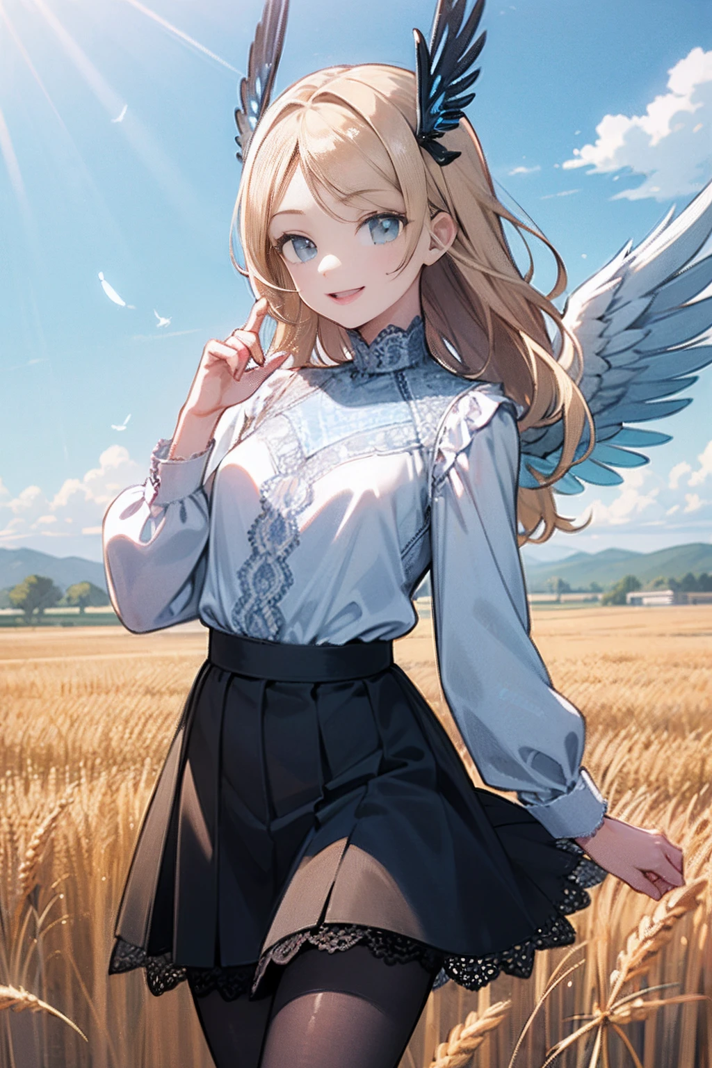 (Ultra-detailed:1.3), (Illustration:1.2), (disheveled hair, Beautiful detailed eyes:1.1), (High resolution),
(Solo), (1womanl), Happy, Cheerful smile, Laughing, (((flat breast))), Looking at Viewer, hand up,
valkyrie, 25 years old, platinum-blonde long hair, swept bangs, Intake,
(Light Blue Lace High Neck Blouse :1.5), silver Feather Headgear, (((feather wings))), 
Black skirt,
fluffy hair, 
Plain clothe, private style, pantyhose, 
wheat field background, Blue sky