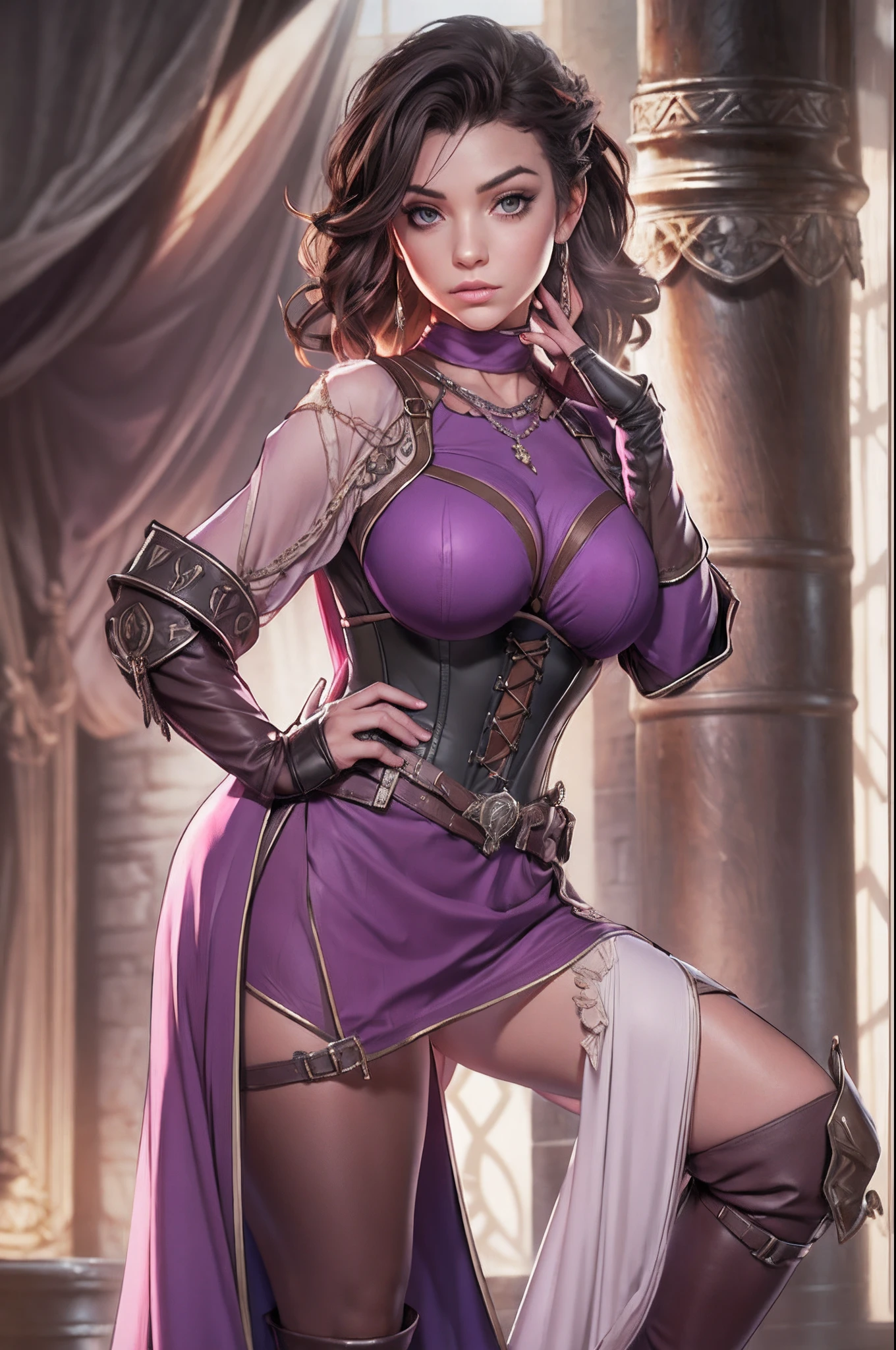 Game Art design, Octopath Traveler 2, 1girl, throne anguis, (solo:1.4), 1girl, black hair, huge breasts, cleavage, plumb ass, thick thighs, thin waist, collarbone, corset, purple clothes, dagger, high heel boots, holding dagger, jewelry, knee boots, necklace, poncho short hair, side slit, seductive pose, extremely detailed face and eyes, absurdes, beautiful shadow and lighting, ambient occlusion, tavern background