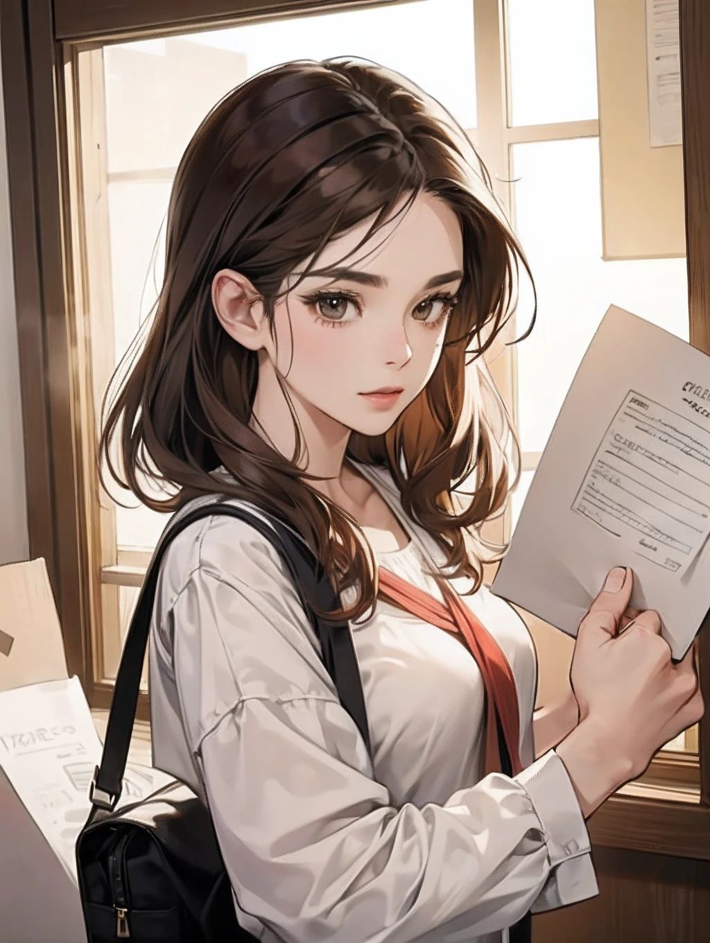 Best Quality, masutepiece, beautiful mature women、Beautiful face、Strong-minded woman、s Office、brown haired、Brown-eyed、Longhaire、Undersized eyes、Provision of paper bags、Offering gifts