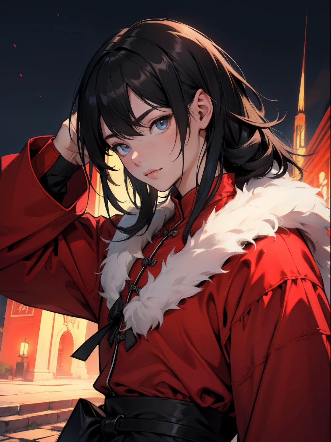 Red clothes at night，Douluo Continent costume，Black color hair，Headshot，