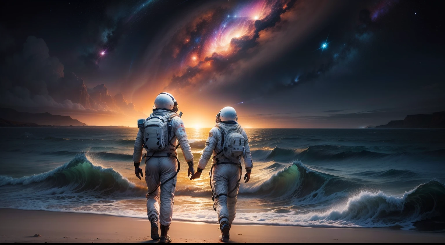"Generate a visually stunning artwork in the style of interstellar movie. Depict 2 astronauts in space suits walking along the beach coast towards a mesmerizing black hole."