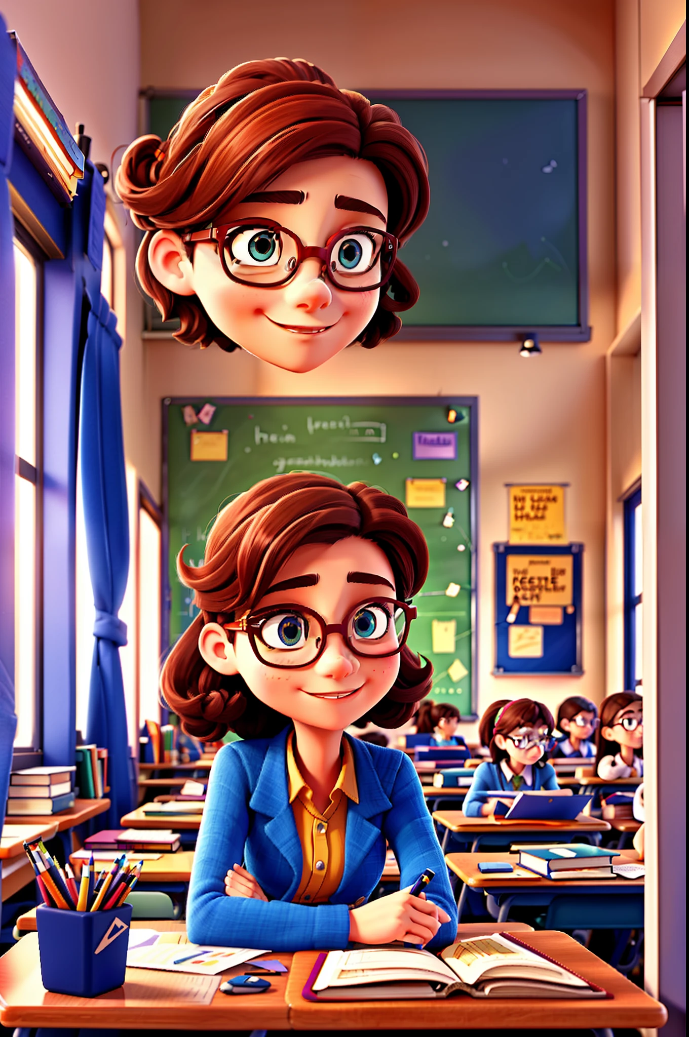 Poster illustration, , Artistic cover, Female teacher with glasses, cover illustration,classroom desk,book,table light