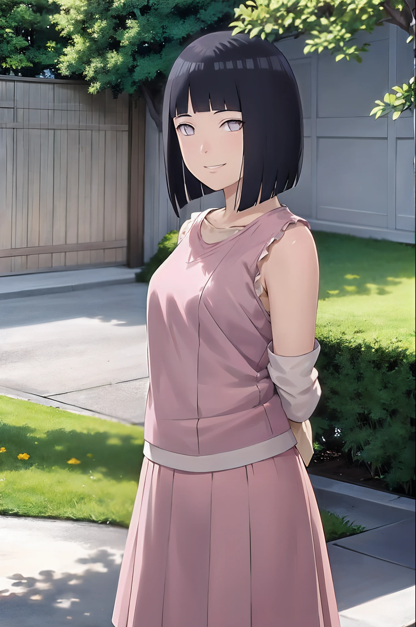 1人,stehend im Garten,sweet smile,arms behind back