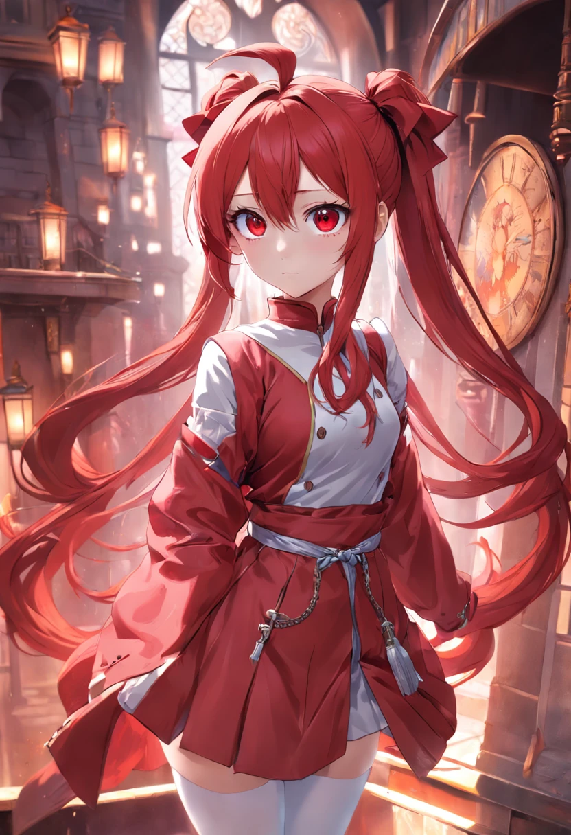 red color eyes,Long red single ponytail hair,magia,Castle fantasy,white stockings,444 Hz, Beautiful, Breathtaking, Highly detailed, 8K, Use, Affectionate, Ultra photo realsisim, scenery