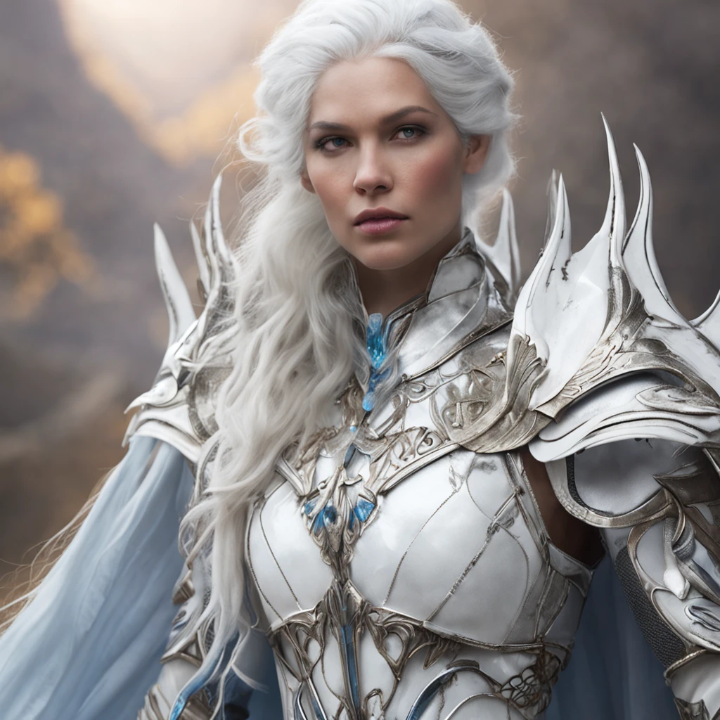 A fierce princess dressed in a white armour-like gown, her very light white hair with blue streaks on the fringe cascading down the side of her face and shoulders, an all-white dragon with blue eyes.