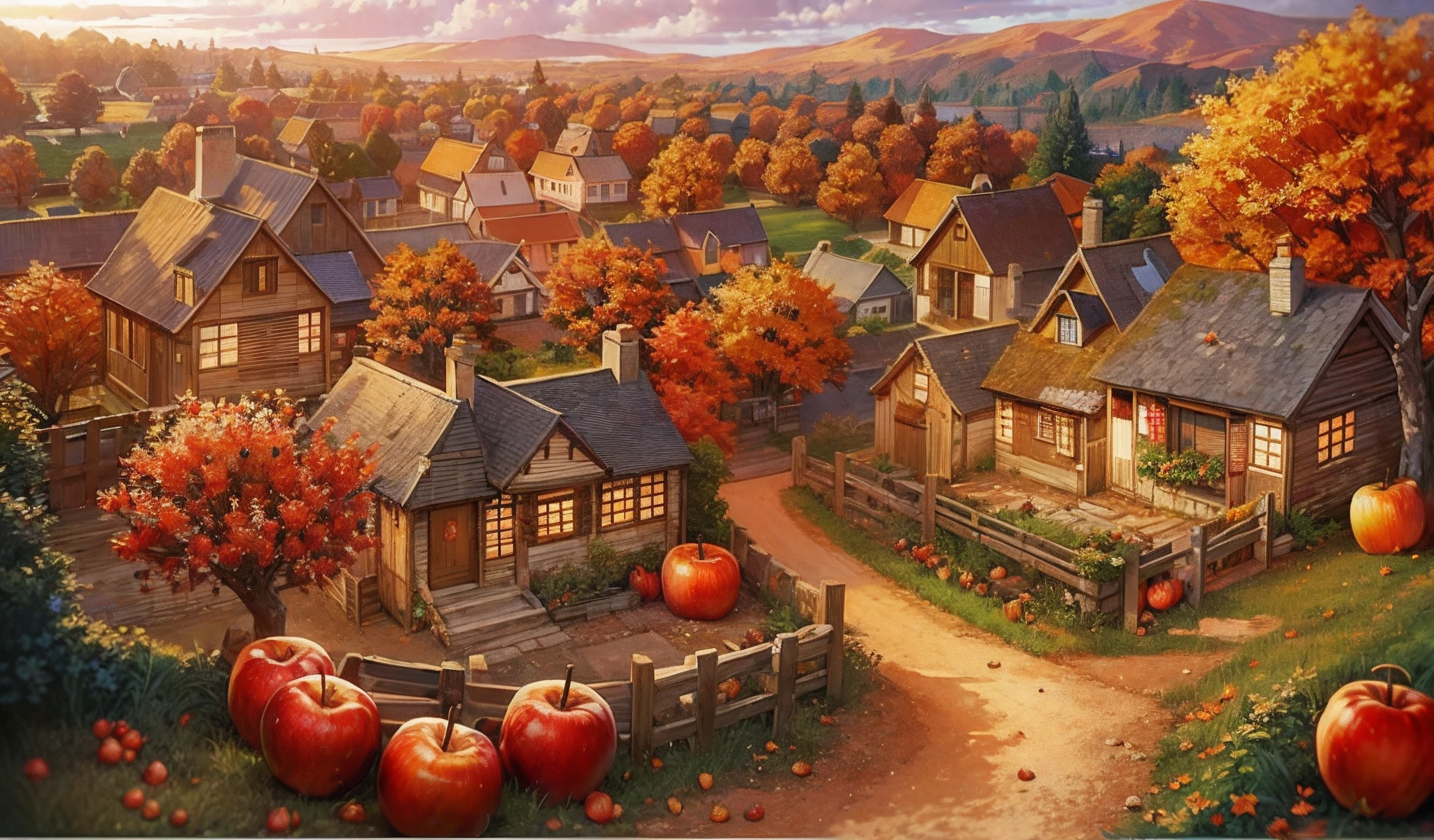 Faraway view，autumnal，fairy tale style，Lots of houses made of red apples，The surrounding ground is covered with fruits of various colors，Lots of small animals，Carrying fruit home，The saturation is higher，the setting sun，Clouds