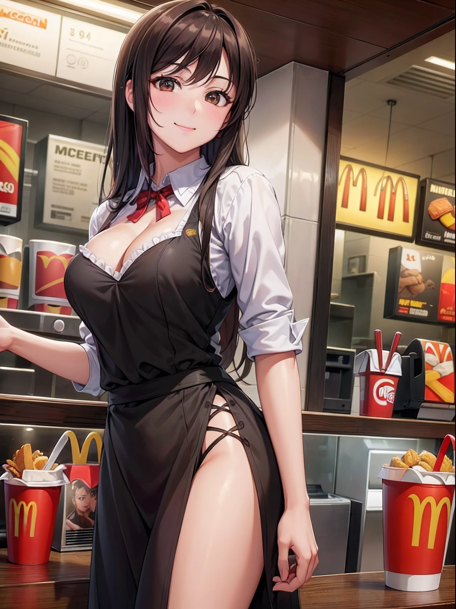 masterpiece, top quality, high resolution, photorealistic, 
cowboy shot, front view:1.0, looking at viewer,  
attractive mature McDonald's Cashier cleavage, mcdonalds, rim lighting, 
1girl, solo, long hair, passionate eyes, medium breasts, smile, 
beautiful face, beautiful detailed brown eyes,
