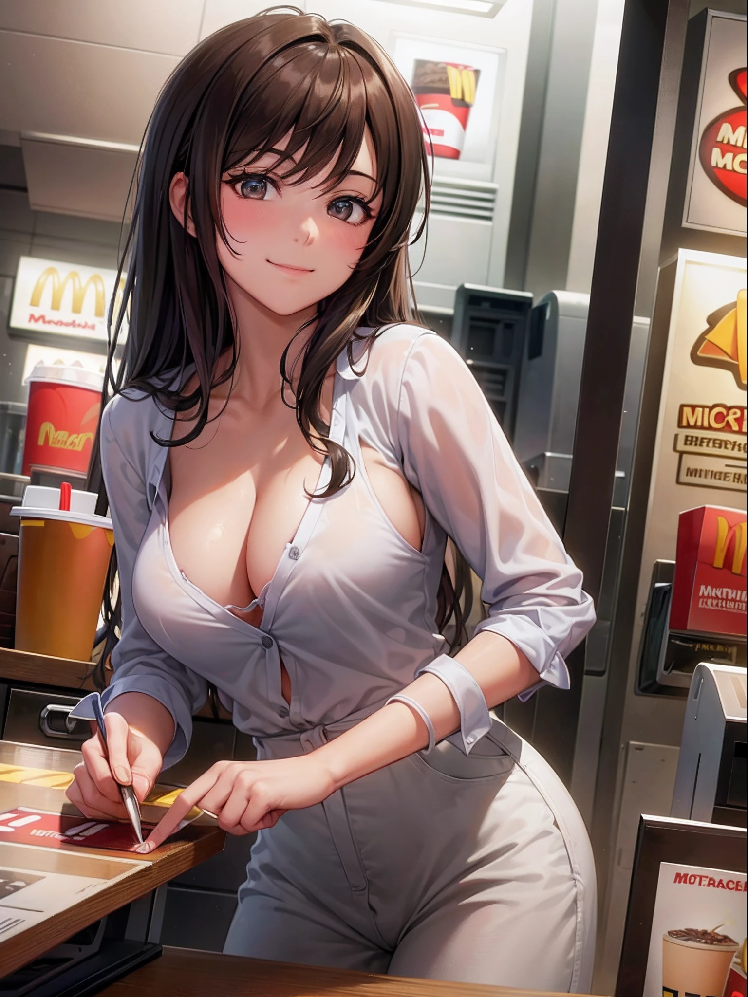 masterpiece, top quality, high resolution, photorealistic,
cowboy shot, front view:1.0, looking at viewer,
attractive mature McDonald's Cashier cleavage, mcdonalds, rim lighting,
1girl, solo, long hair, passionate eyes, medium breasts, smile,
beautiful face, beautiful detailed brown eyes,