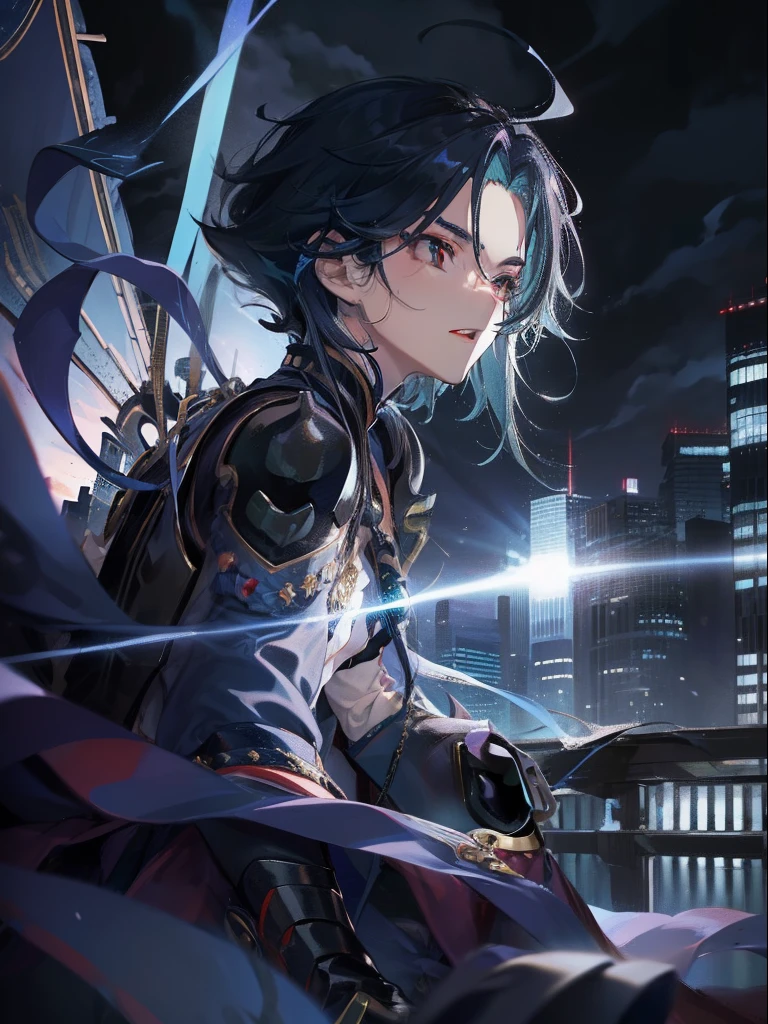 Ultra Detail,Haig Quality,sketch,1boy,matured male,Beautiful face,(Navy blue hair,Outer hair:1.3),Handsome men,Pearl skin,black tshirt,Black coat,magic school uniform,Black cloak,Dynamic Angle,Japan Anime,Red Eyes,Laugh,Like a cat's eye,city,male in his 20s,official artwork,​masterpiece