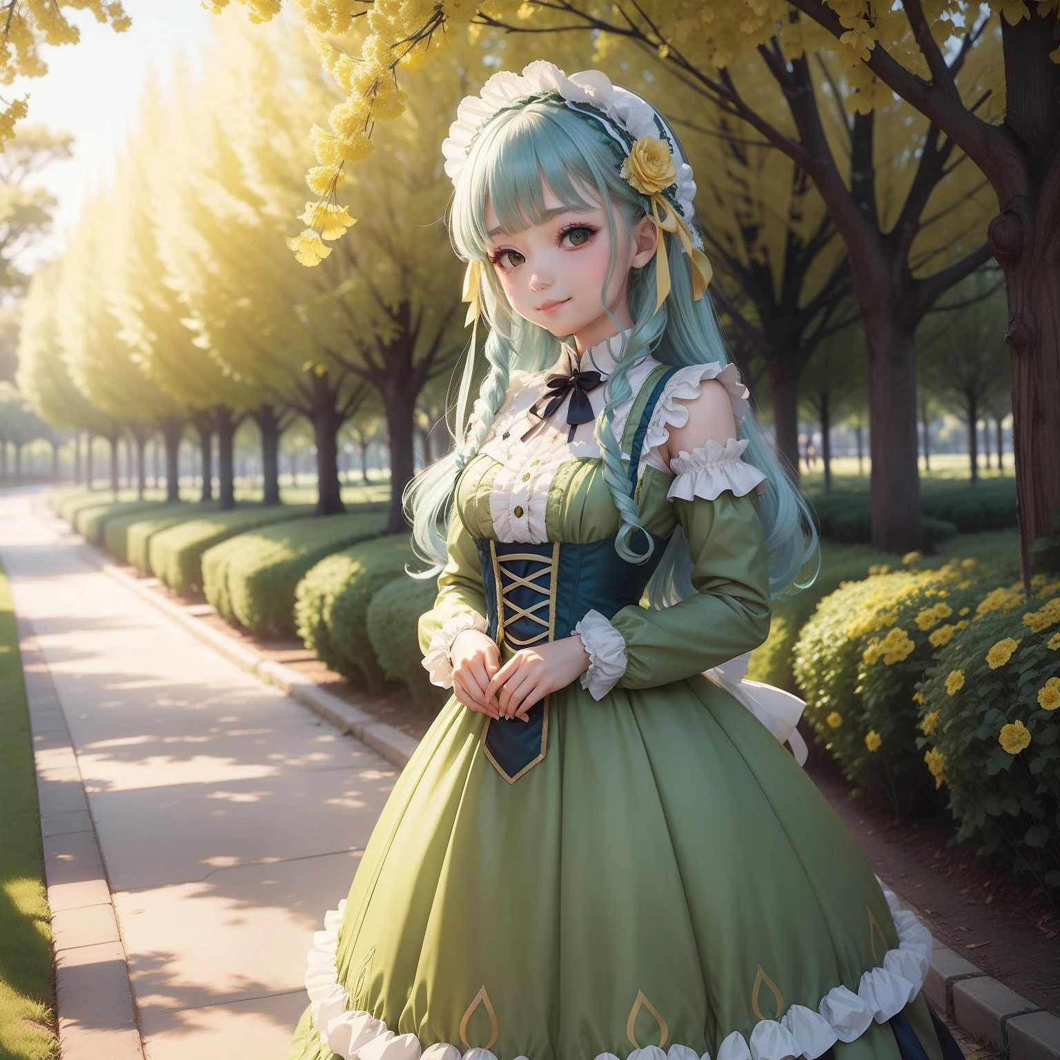 Pretty girl Rows of yellow ginkgo trees blue hairs Long a smile Green Lolita Dresses