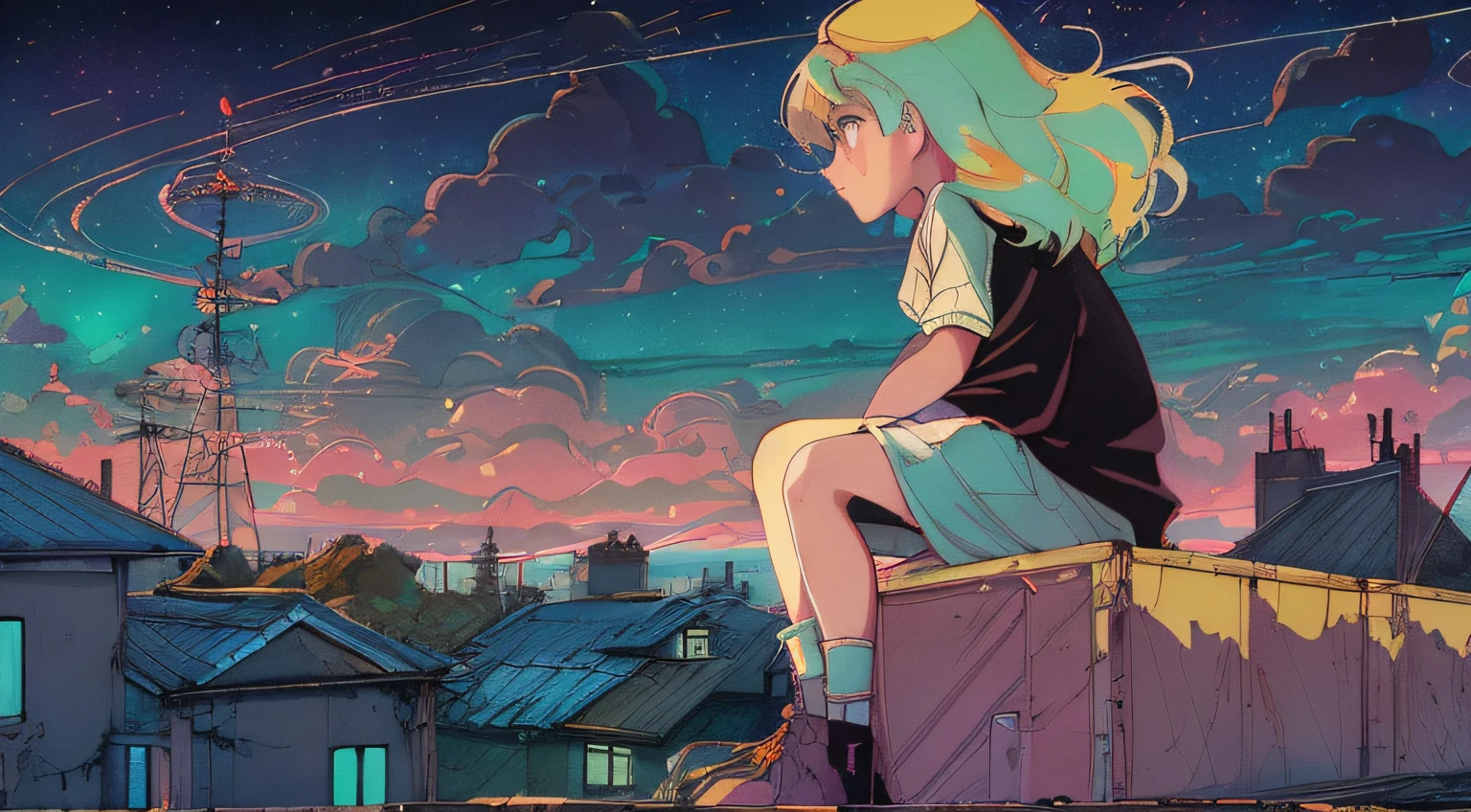 (lofi), Girl sitting on the roof of an old house, Lo-fi images,Retro, Flat,2.5D, Night light, Rooftop view, Neonscape, Beautiful colorful night sky,Stars ,Analog Color Theme, Fantasy ,line-drawing, Ink drawing, Large incline, watercolor paiting, Goosch color, Studio Ghibli style, Awesome colorful, Outturn, Synth Wave, lofi art,90s style,Old textures, amplitude,90s atmosphere, masutepiece, Huge skill